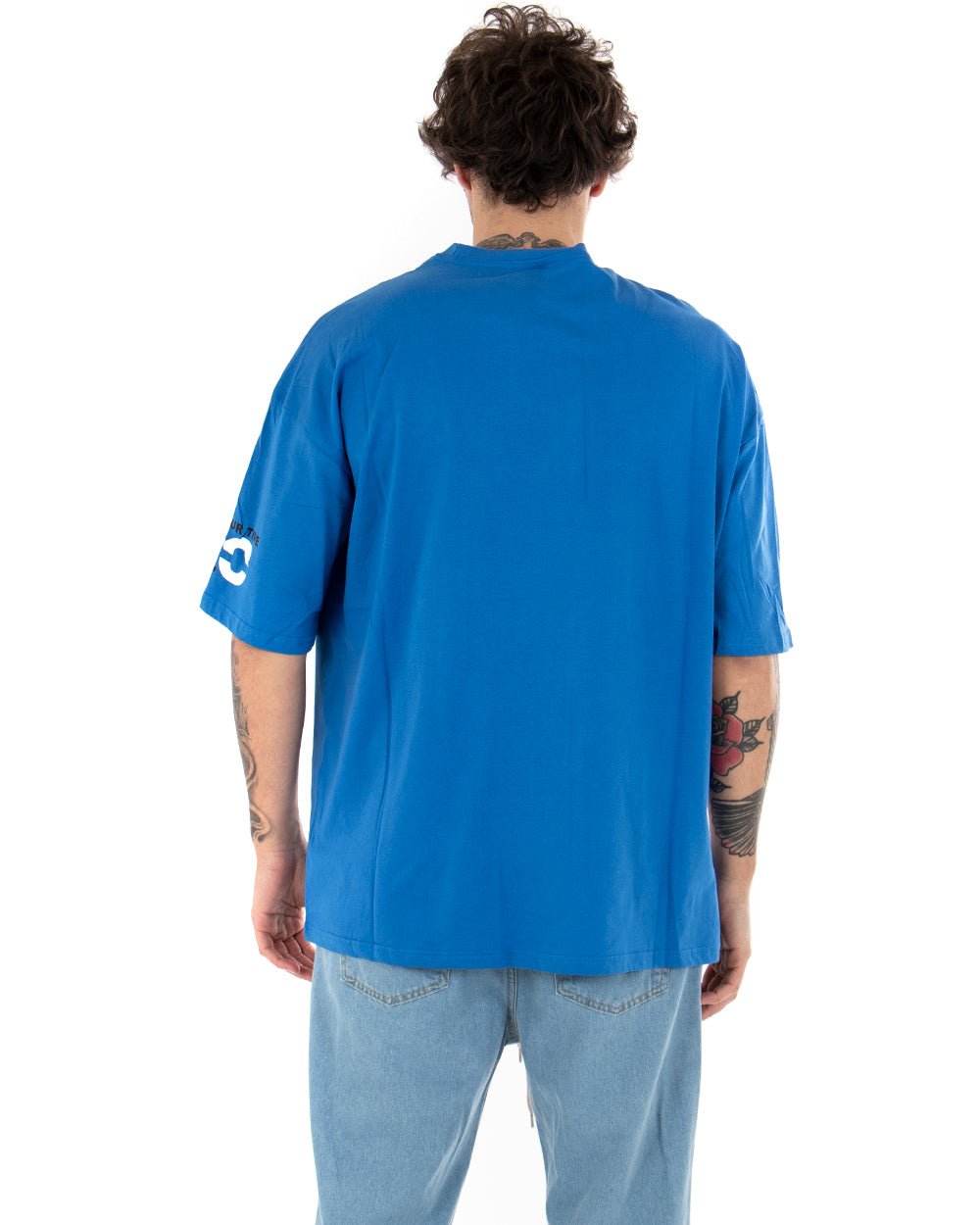 T-shirt Uomo Stampa Blu Royal Girocollo Oversize Maniche Corte Casual GIOSAL