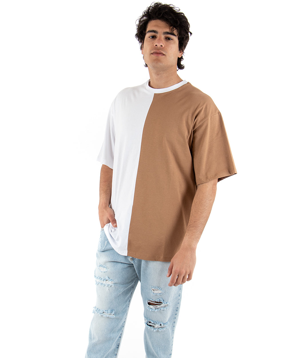 T-shirt Uomo Maniche Corte Bicolore Nera Camel Girocollo Oversize Casual GIOSAL