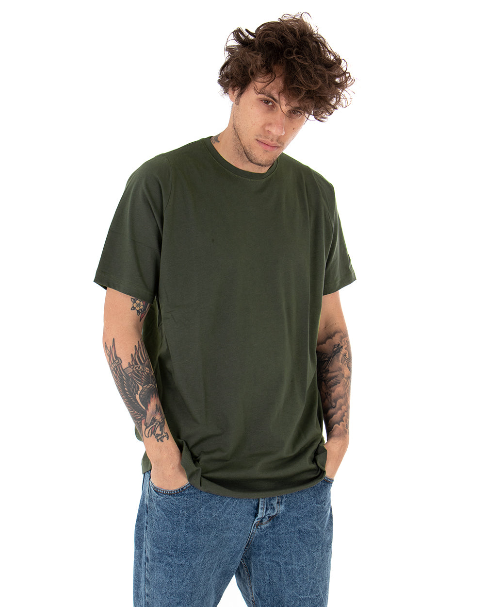 Men's Oversized T-Shirt Solid Color Military Green Short Sleeves Round Neck Cotton Shirt GIOSAL