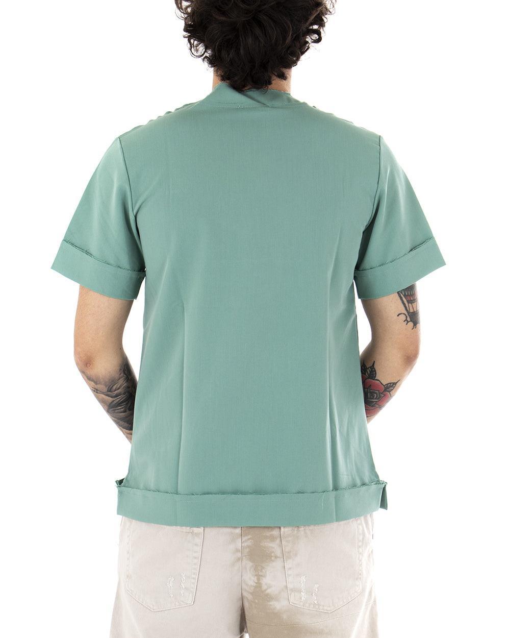 T-Shirt Uomo Maglietta Verde Acqua Tinta Unita Risvolti Maniche Corte Casual GIOSAL