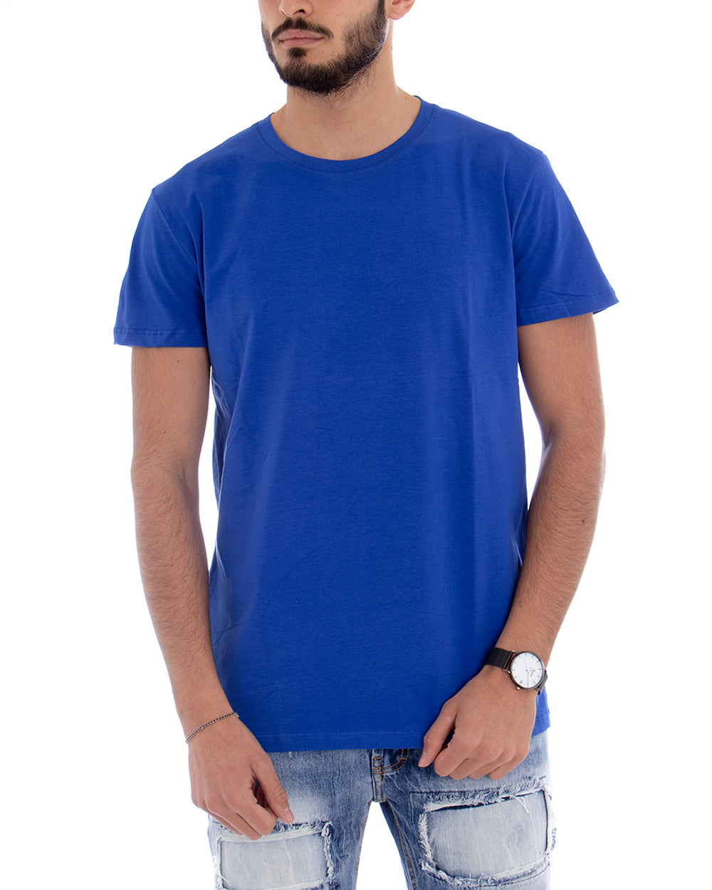 T-shirt Uomo Manica Corta Tinta Unita Blu Royal Girocollo Basic Casual GIOSAL-TS2578A