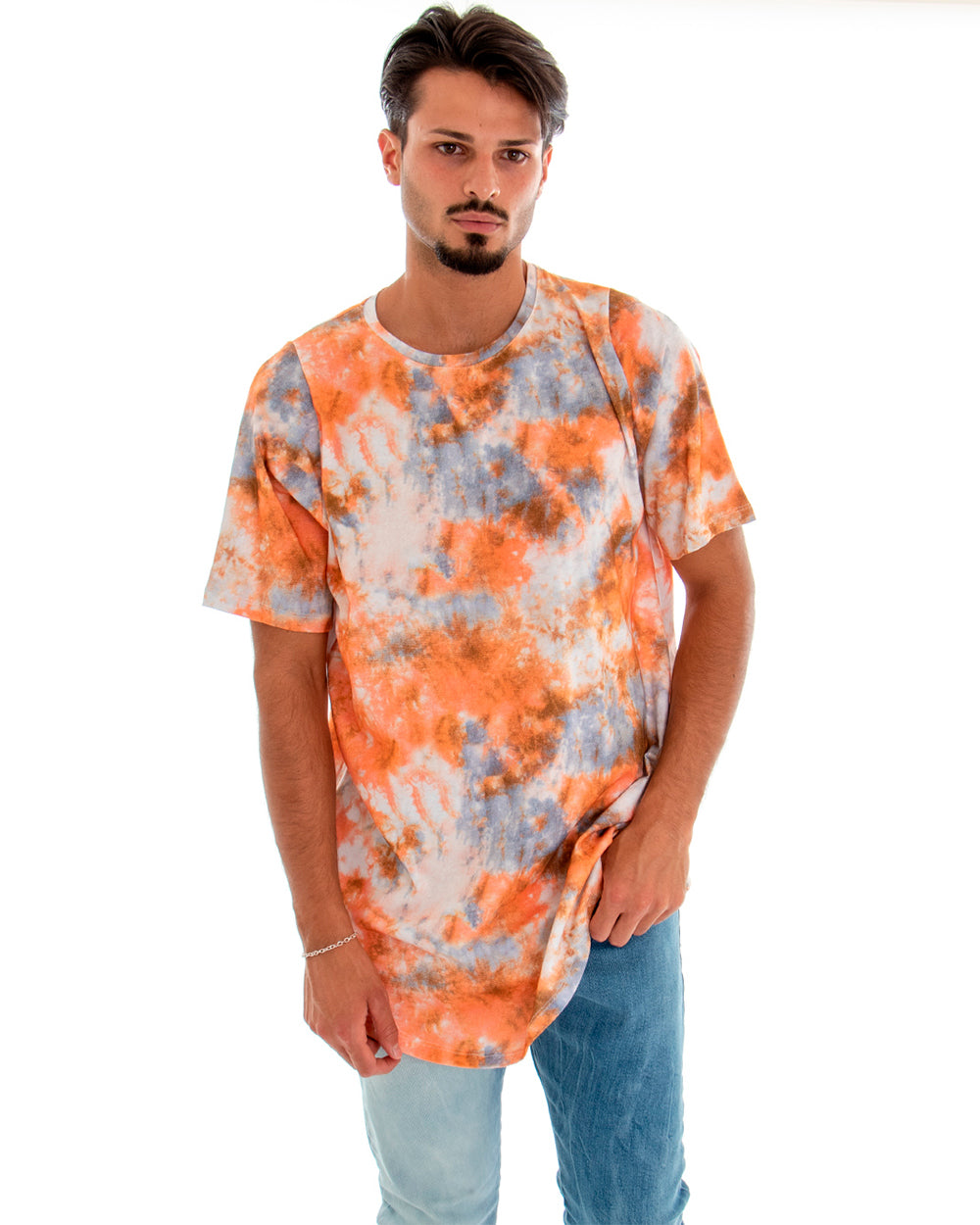 Men's T-shirt Short Sleeves Over Tie Dye Effect Orange Crew Neck GIOSAL