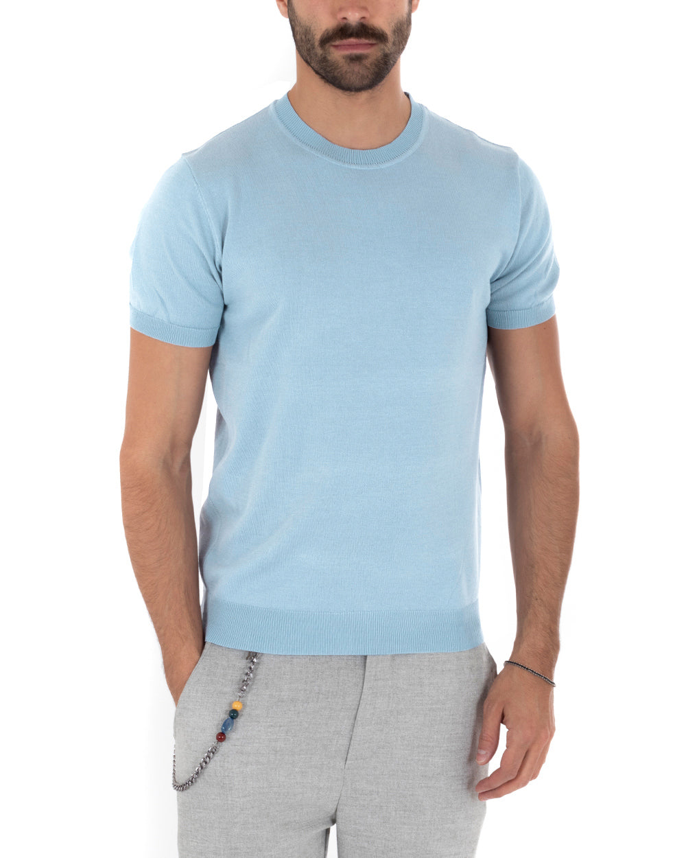 3 T-shirt Uomo FDB Manica Corta A Scollo V In Jersey Di Cotone Aderente - Foto 6