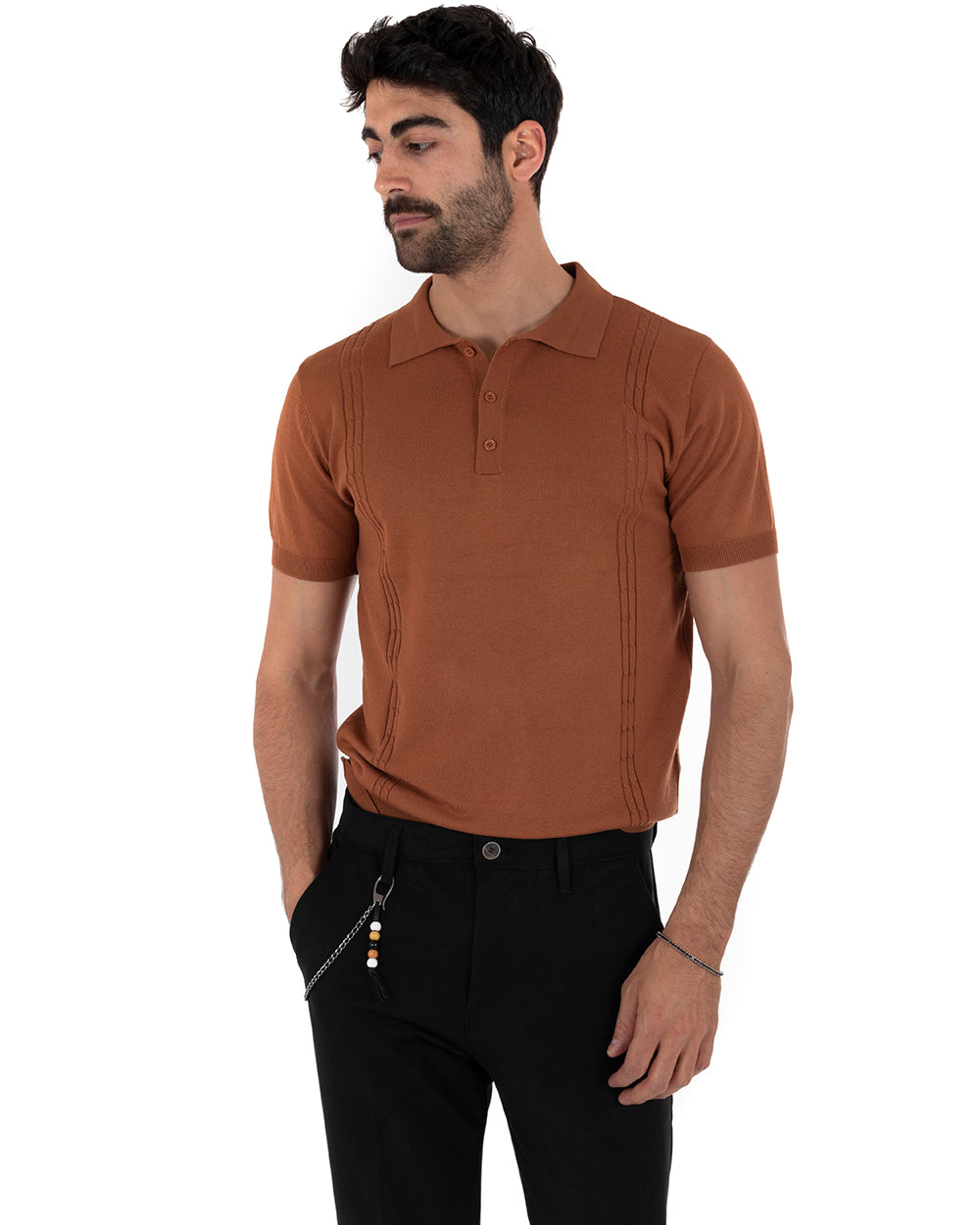 Polo Uomo T-Shirt Manica Corta Tinta Unita Tabacco Scollo Bottoni Filo Casual GIOSAL-TS2640A