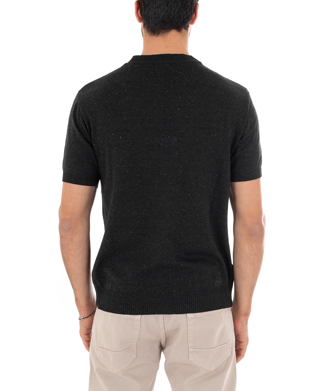 Men's T-shirt Short Sleeve Dotted Melange Casual Black Round Neck Thread GIOSAL