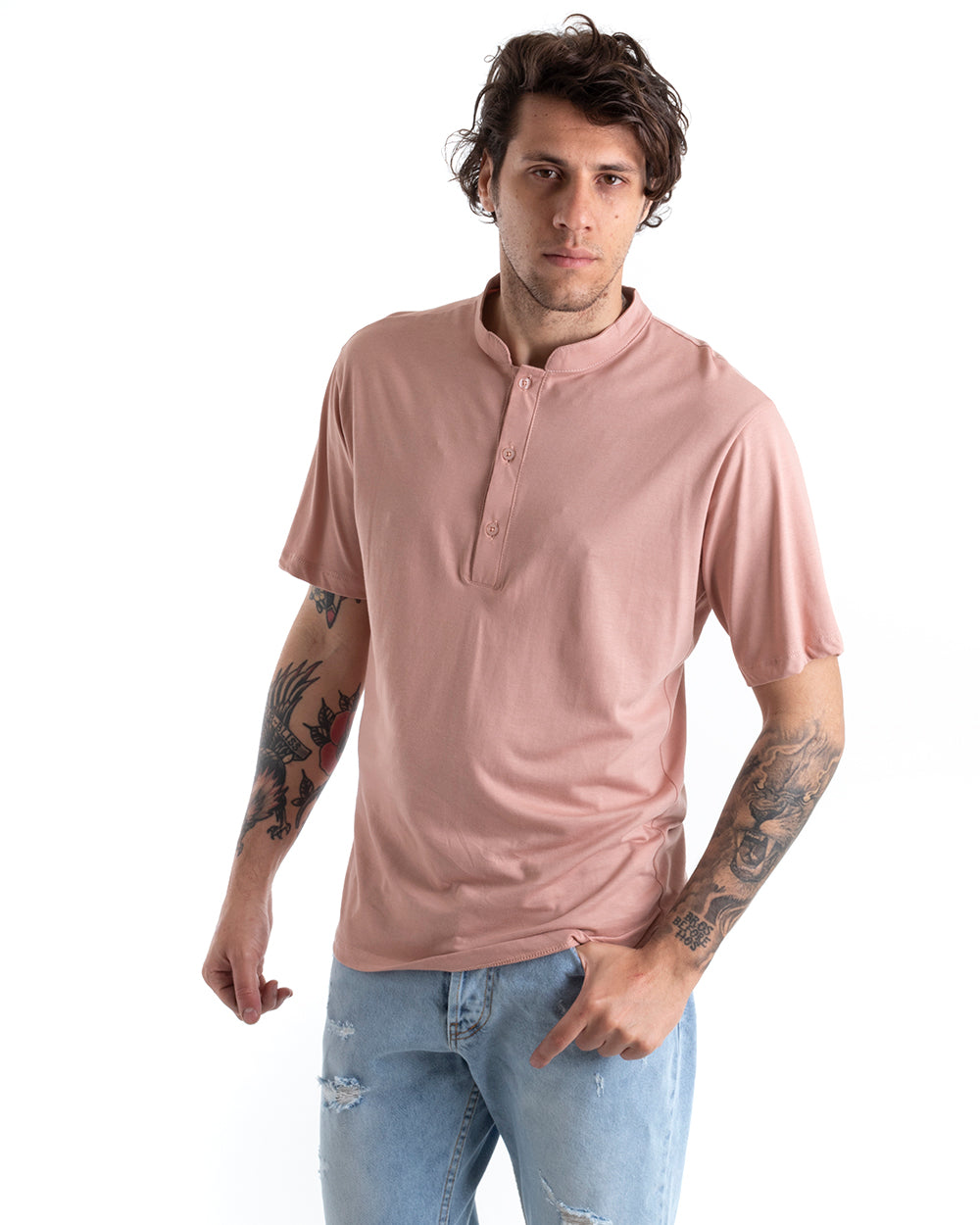 T-shirt Uomo Collo Bottoni Tinta Unita Rosa Manica Corta Basic Casual GIOSAL