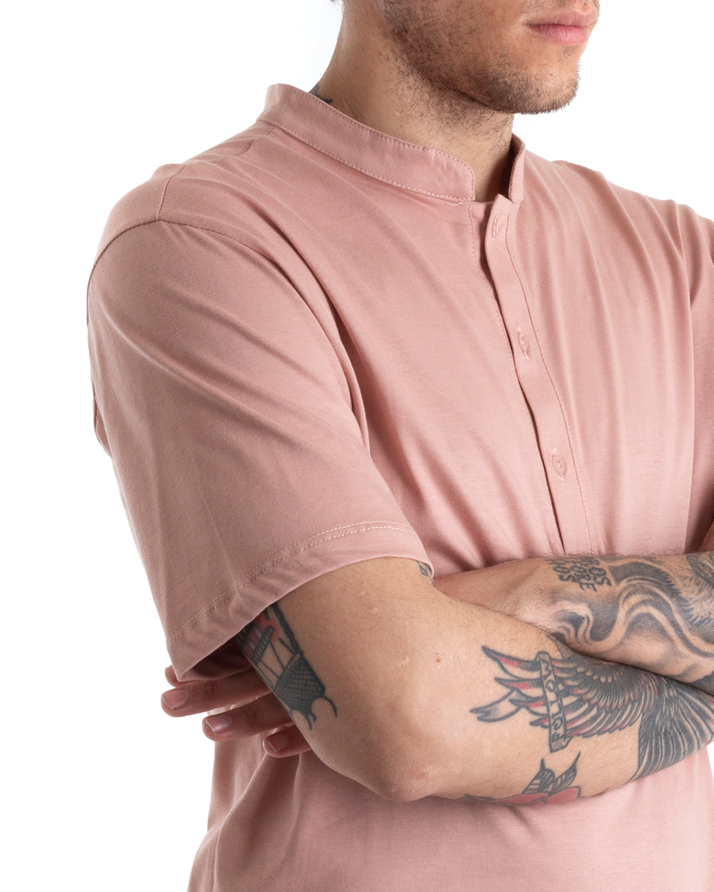 Men's T-shirt Button Neck Solid Color Pink Short Sleeve Basic Casual GIOSAL