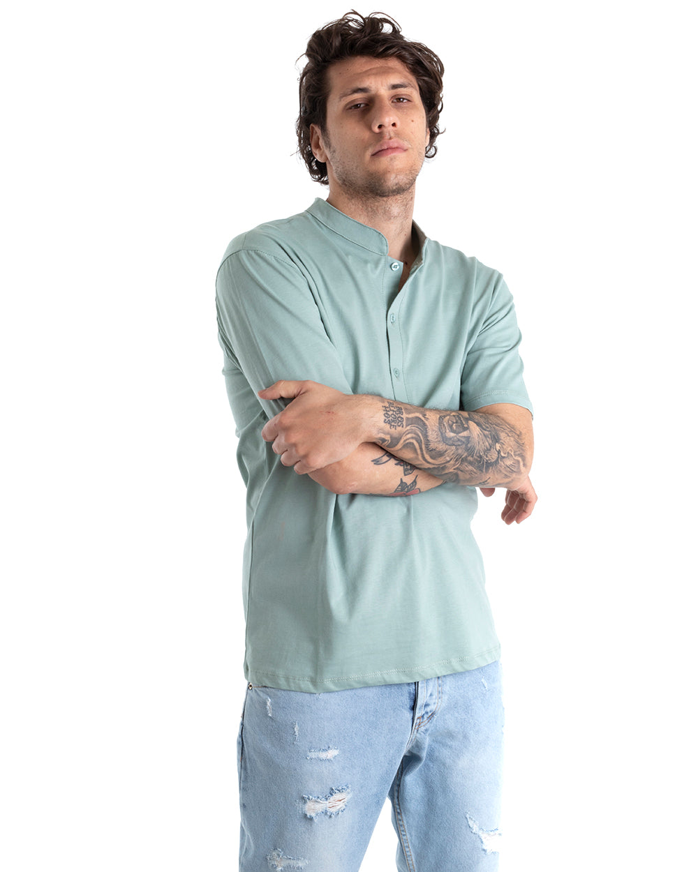 Men's T-shirt Button Neck Solid Color Aqua Green Short Sleeve Basic Casual GIOSAL