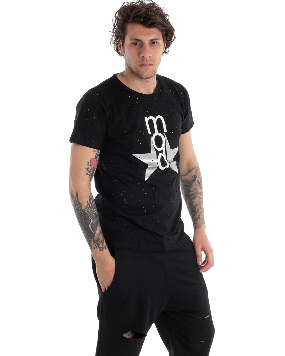 Men's T-shirt Short Sleeve Printed Round Neck Perforated Solid Color Black GIOSAL