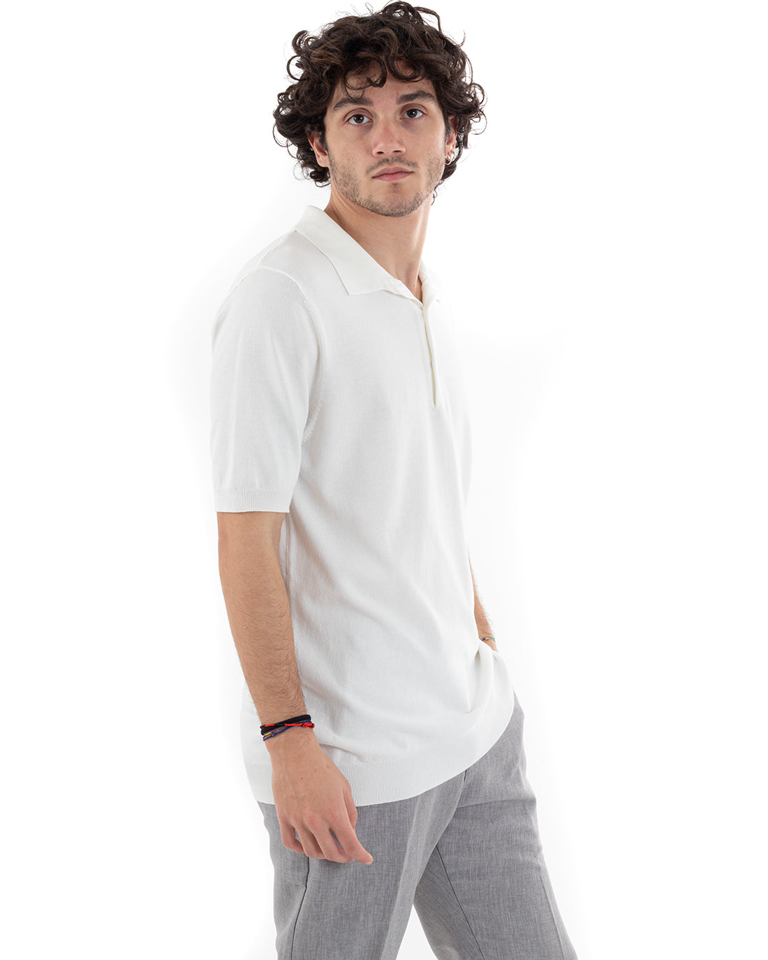 Polo T-Shirt Uomo Manica Corta Tinta Unita Bianca Filo Casual GIOSAL-TS2788A