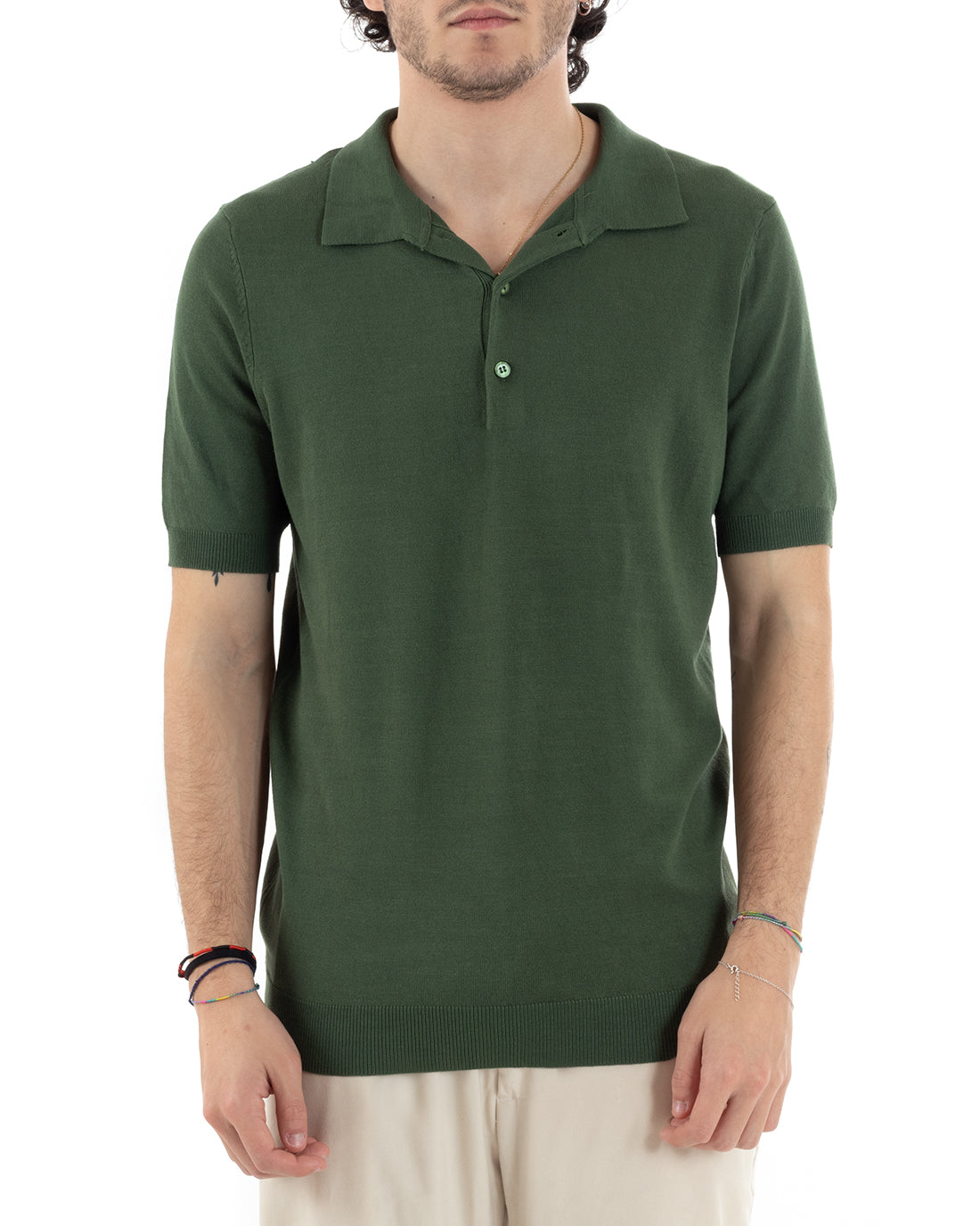 Polo T-Shirt Uomo Manica Corta Tinta Unita Verde Filo Casual GIOSAL-TS2789A