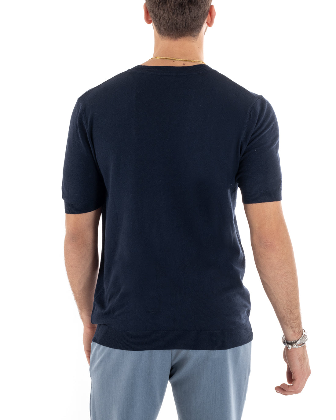 T-shirt Uomo Filo Manica Corta Tinta Unita Blu Scollo a V Casual GIOSAL-TS2867A