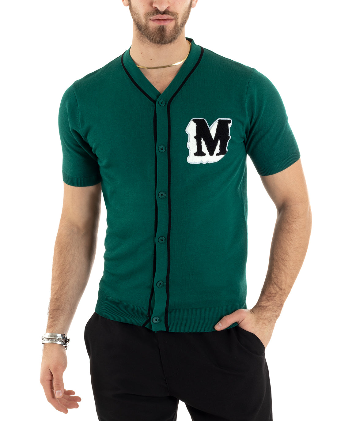 T-shirt Uomo Manica Corta Cardigan Verde Manica Corta Stampa Bottoni Casual GIOSAL-TS2872A