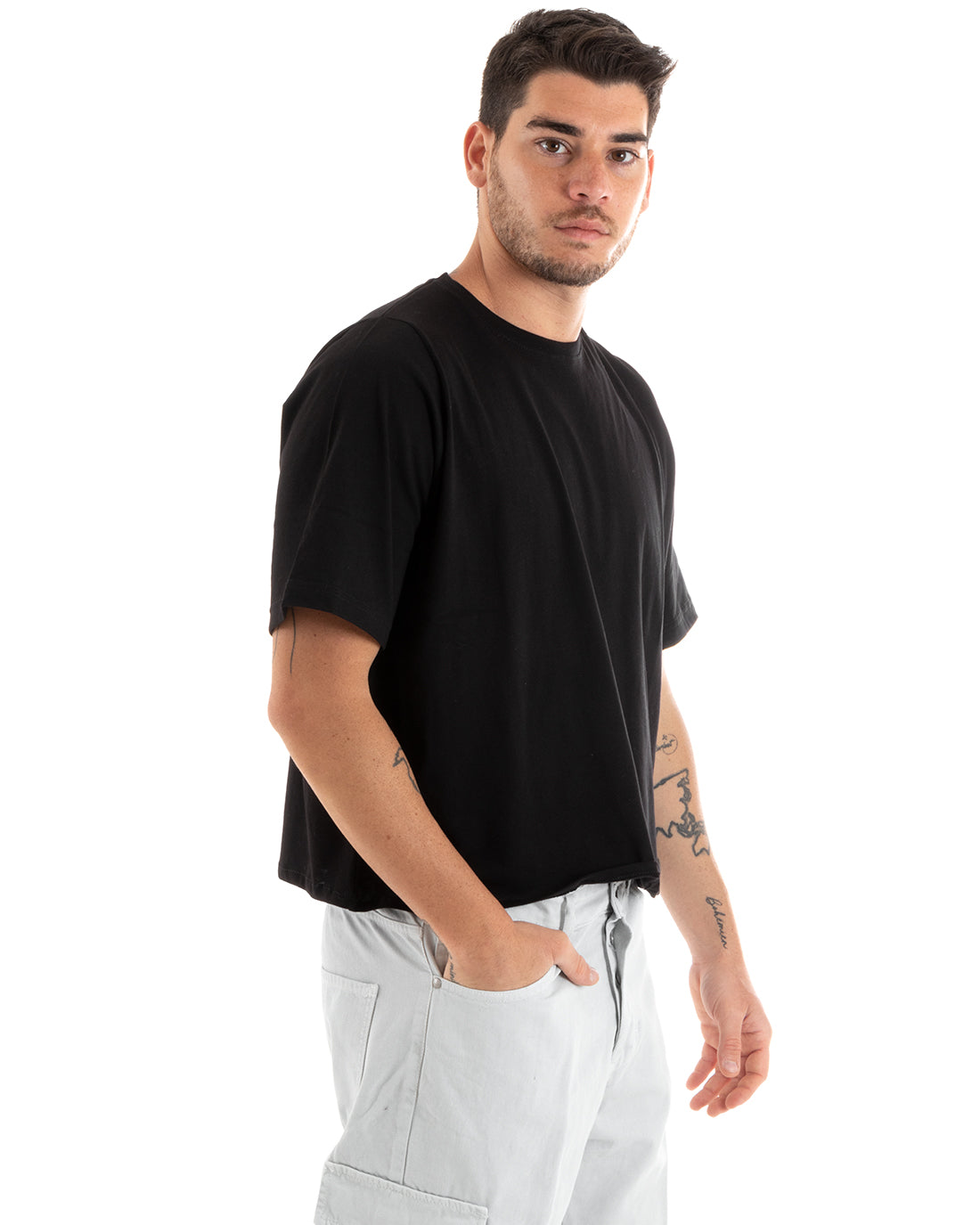Men's T-shirt Cropped Oversize Boxy Fit Solid Color Short Black Casual GIOSAL-TS2879A