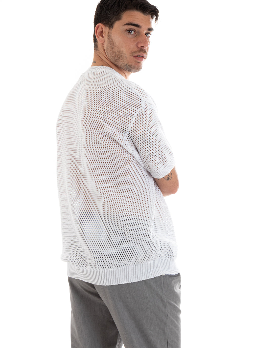 Men's T-shirt Perforated Crew Neck Short Sleeve Solid Color White GIOSAL-TS2894A