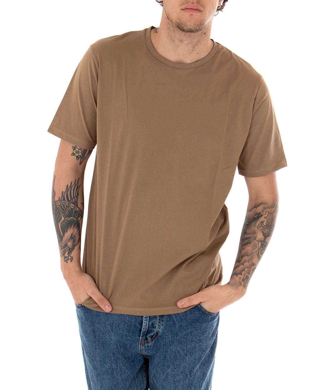 T-shirt Uomo Basic Tinta Unita Camel Manica Corta Girocollo Casual GIOSAL-TS2912A