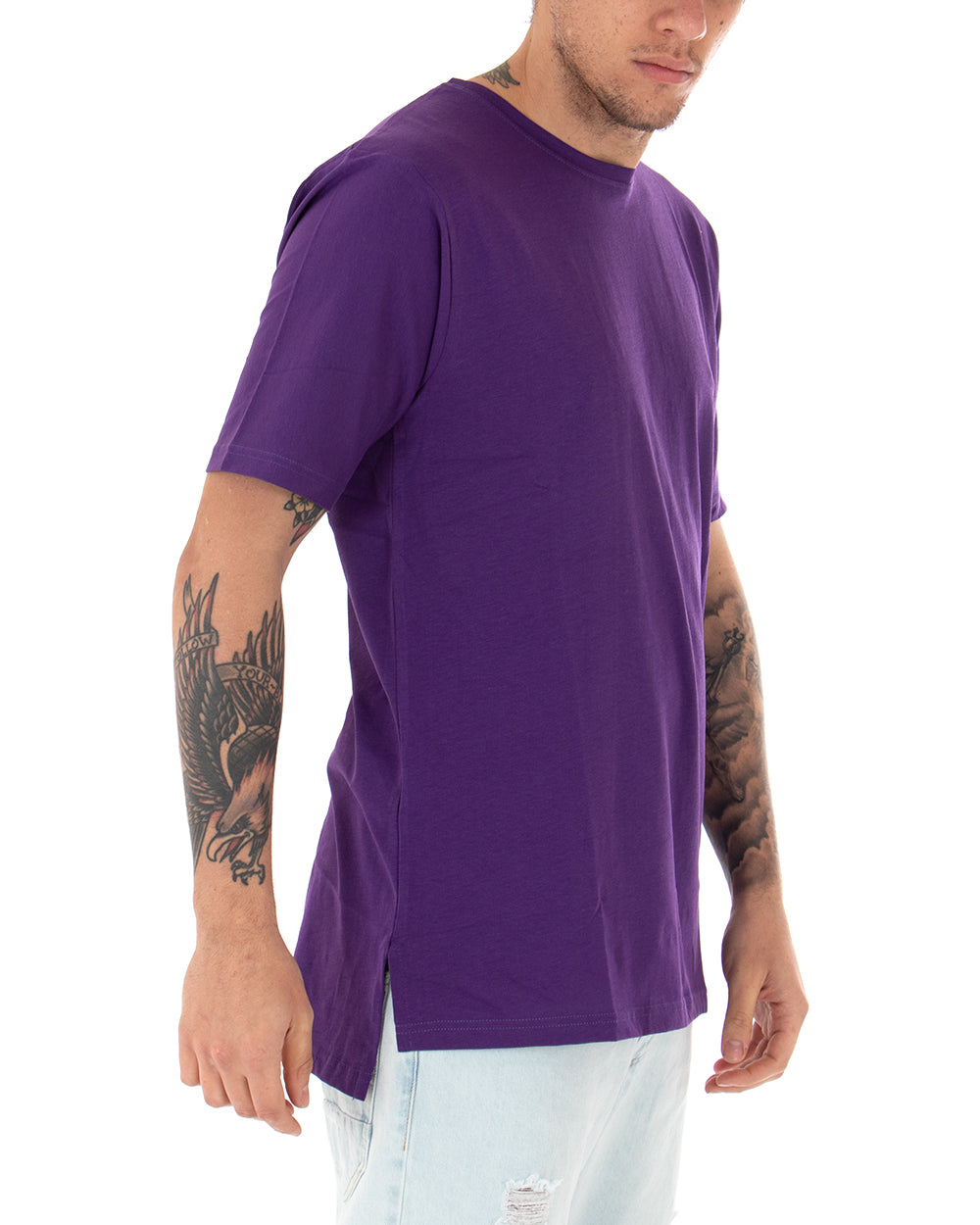 Basic Men's T-shirt Solid Color Purple Crew Neck Short Sleeve Casual Slits GIOSAL-TS2938A