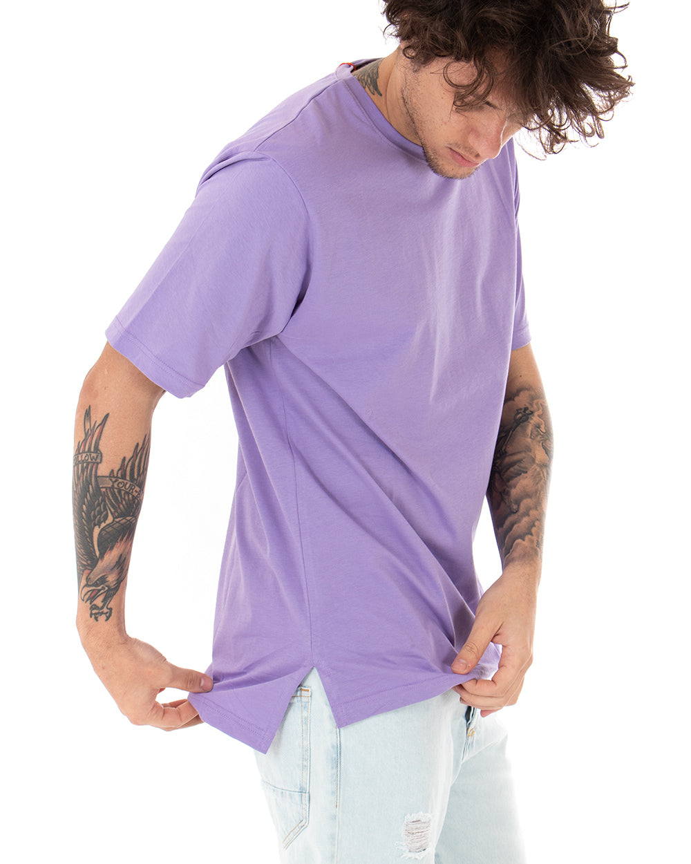 Basic Men's T-shirt Solid Color Lilac Crew Neck Short Sleeve Casual Slits GIOSAL-TS2939A
