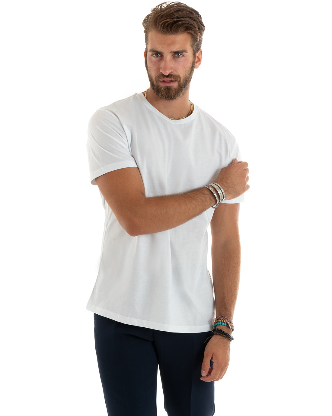 T-shirt Uomo Filo Di Scozia Basic Leggera Tinta Unita Bianco Girocollo Casual GIOSAL-TS2976A
