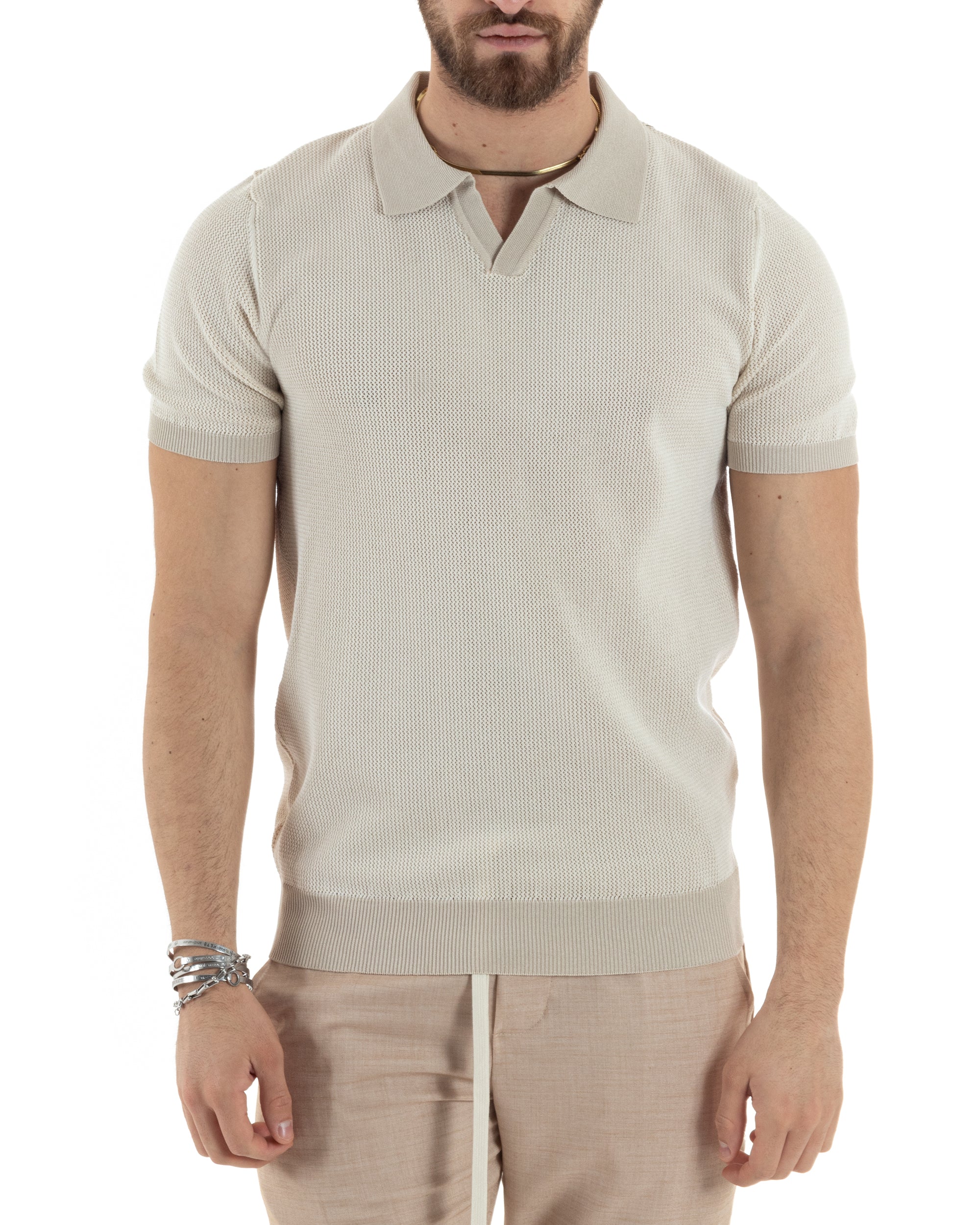 T-Shirt Uomo Maglia In Filo Maglia Con Colletto Polo Scollo V Casual Basic Beige GIOSAL-TS2984A