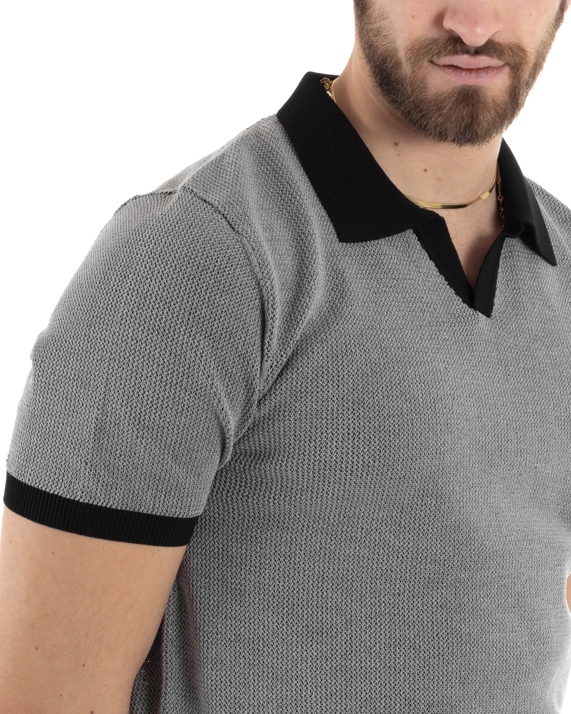 T-Shirt Uomo Maglia In Filo Maglia Con Colletto Polo Scollo V Casual Basic Nero GIOSAL-TS2985A