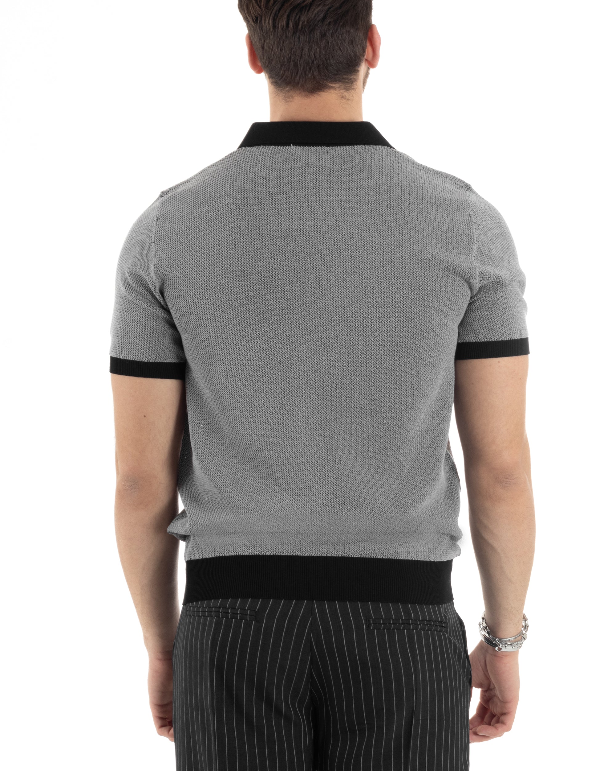 T-Shirt Uomo Maglia In Filo Maglia Con Colletto Polo Scollo V Casual Basic Nero GIOSAL-TS2985A