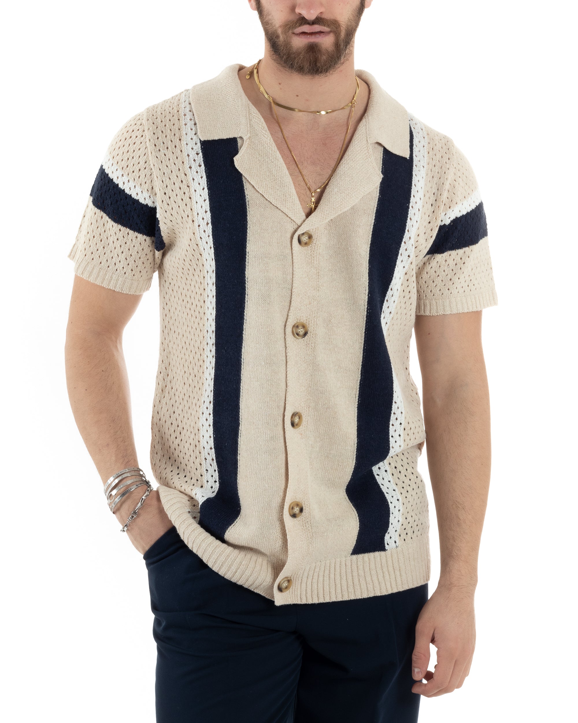 Men's T-shirt Perforated Knit Cardigan With Buttons Solid Color Camel Casual GIOSAL-TS2897A
