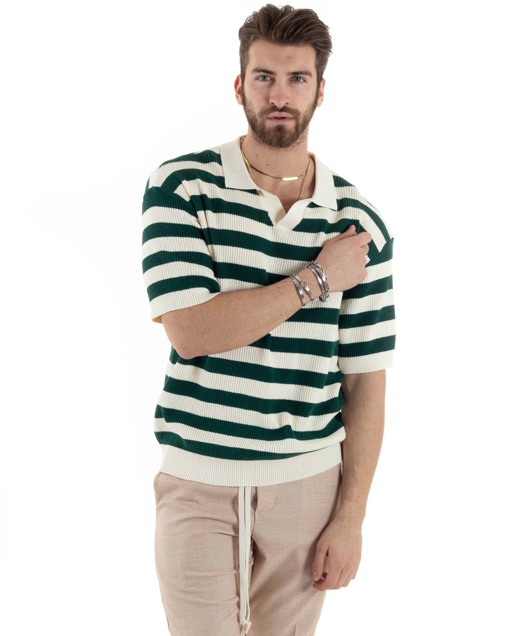 Men's T-Shirt Short Sleeve Solid Color Striped Thread Round Neck Powder GIOSAL-TS2891A
