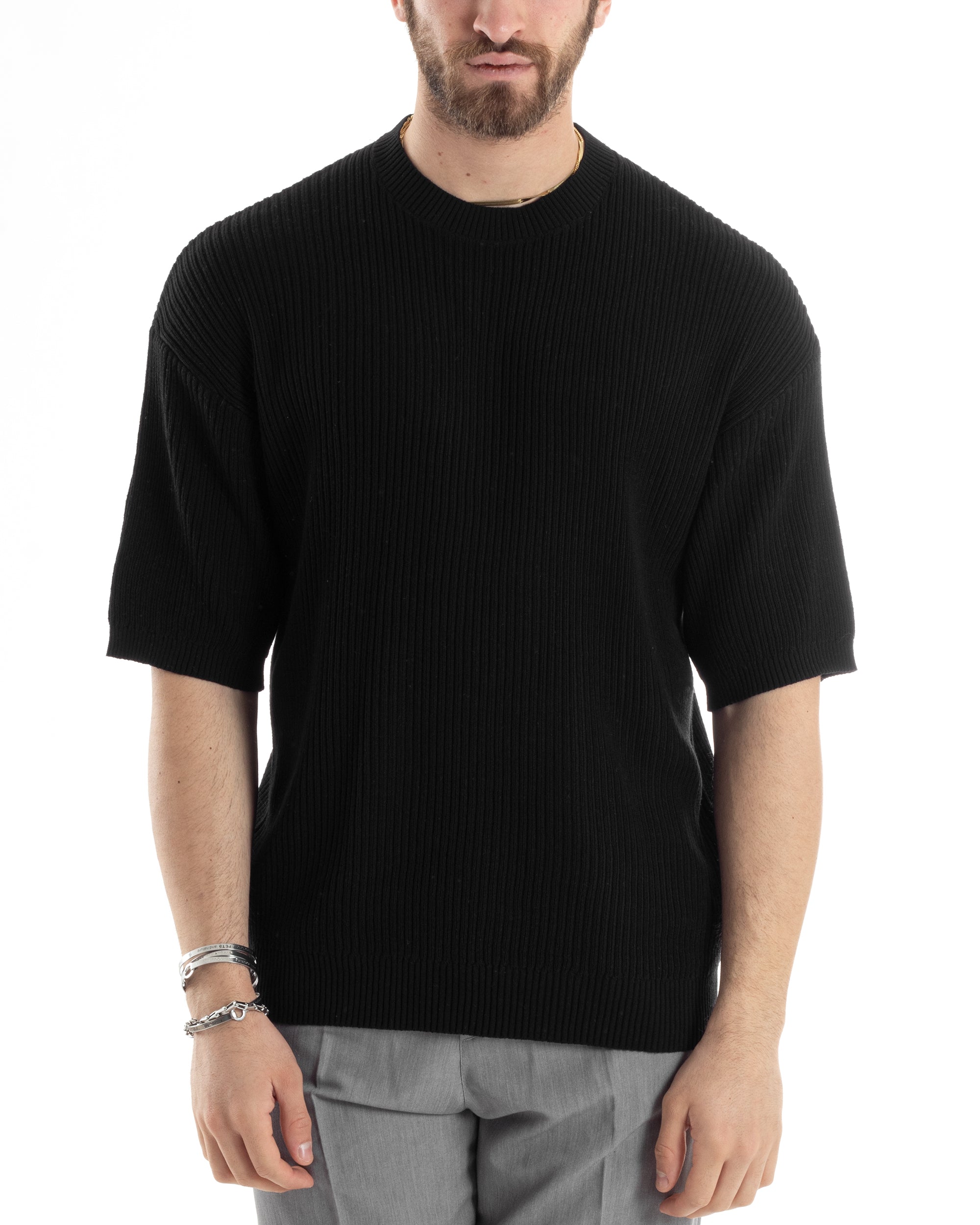 T-shirt Uomo Maglia In Filo A Costine Manica Corta Basic Oversize Nero Casual GIOSAL-TS2999A