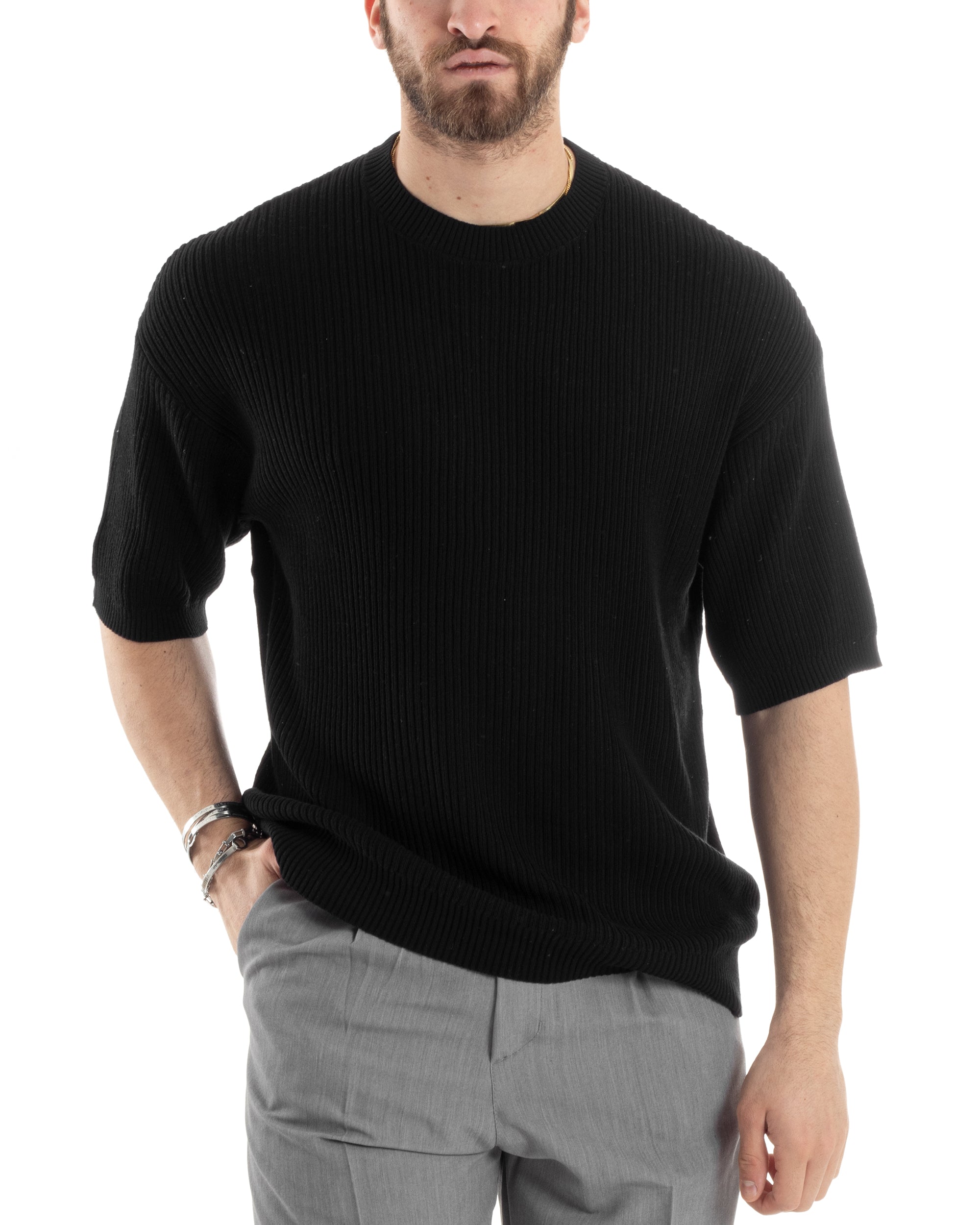 T-shirt Uomo Maglia In Filo A Costine Maniche Corte Basic Oversize Nero Casual GIOSAL-TS2999A