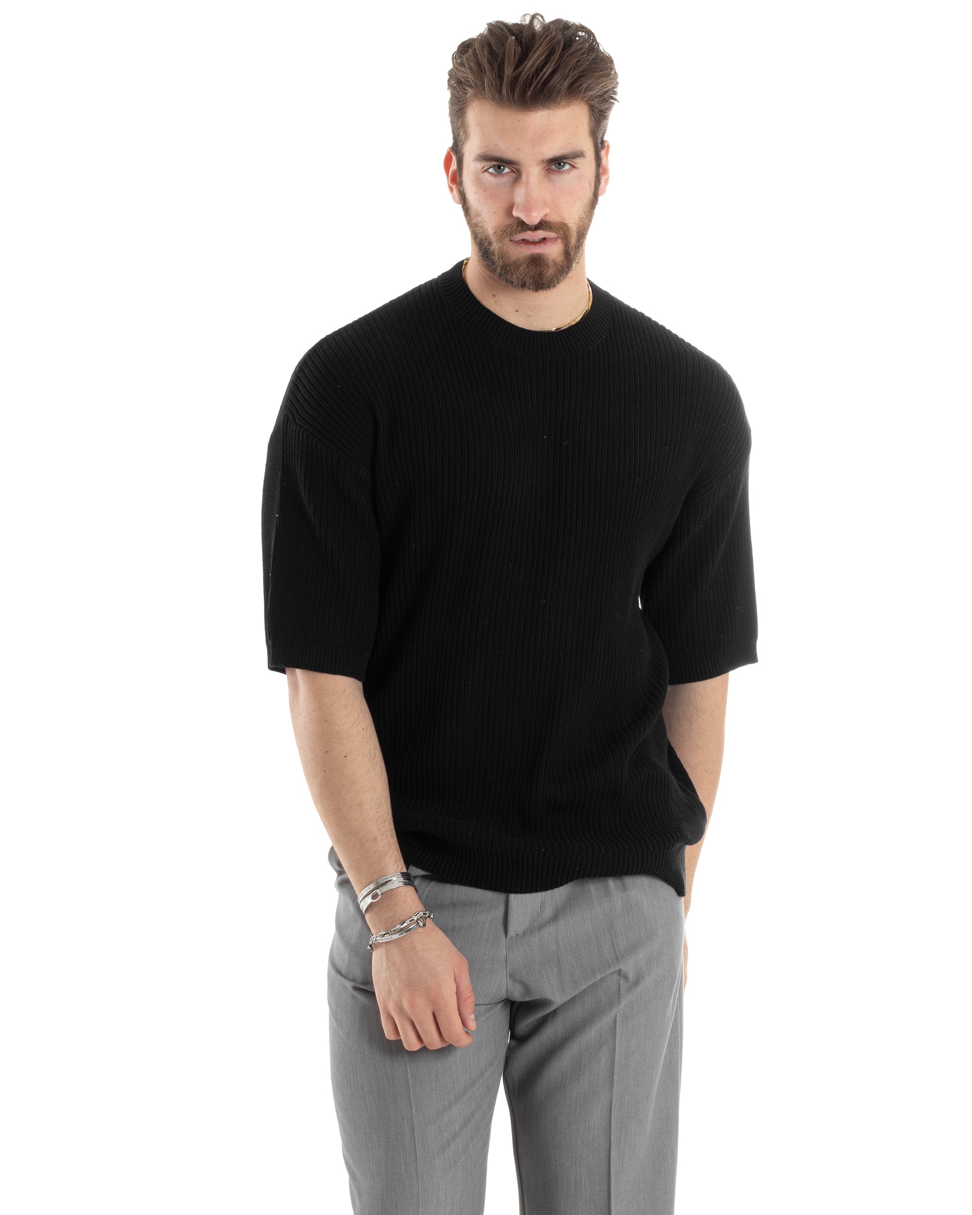T-shirt Uomo Maglia In Filo A Costine Maniche Corte Basic Oversize Nero Casual GIOSAL-TS2999A
