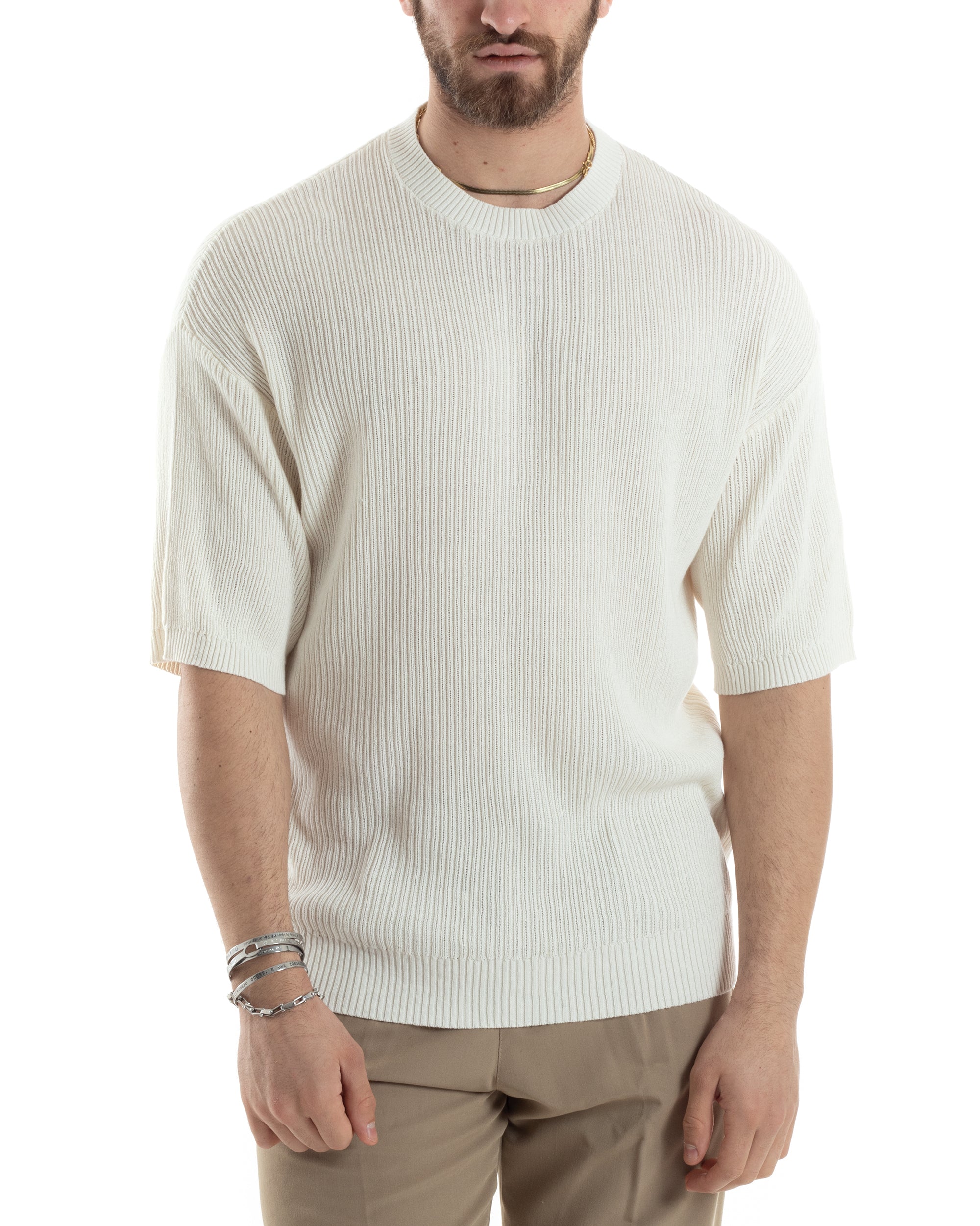 T-shirt Uomo Maglia In Filo A Costine Maniche Corte Basic Oversize Panna Casual GIOSAL-TS3000A