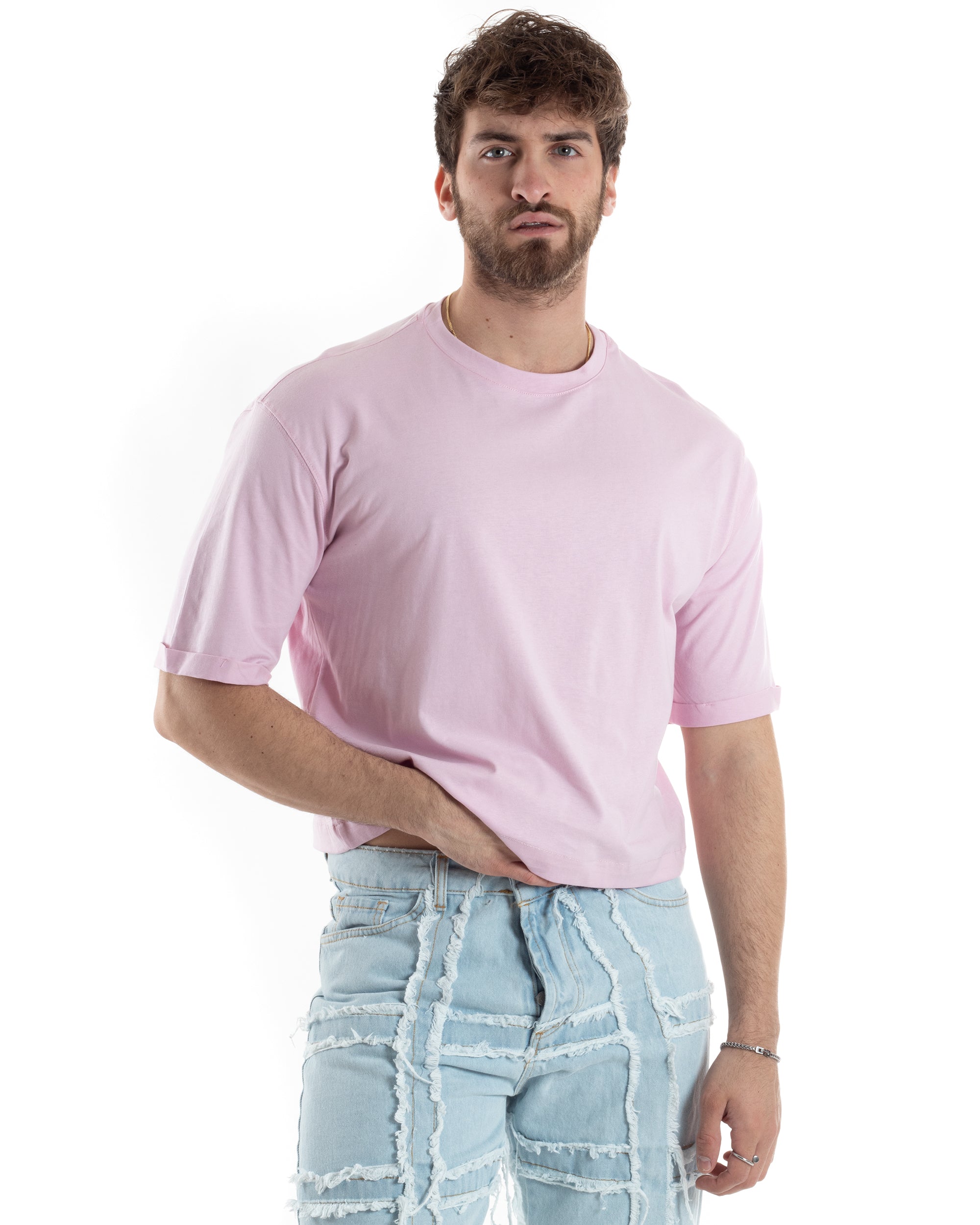 T-shirt Uomo Cropped Corta Boxy Fit Tinta Unita Rosa Casual GIOSAL-TS3003A
