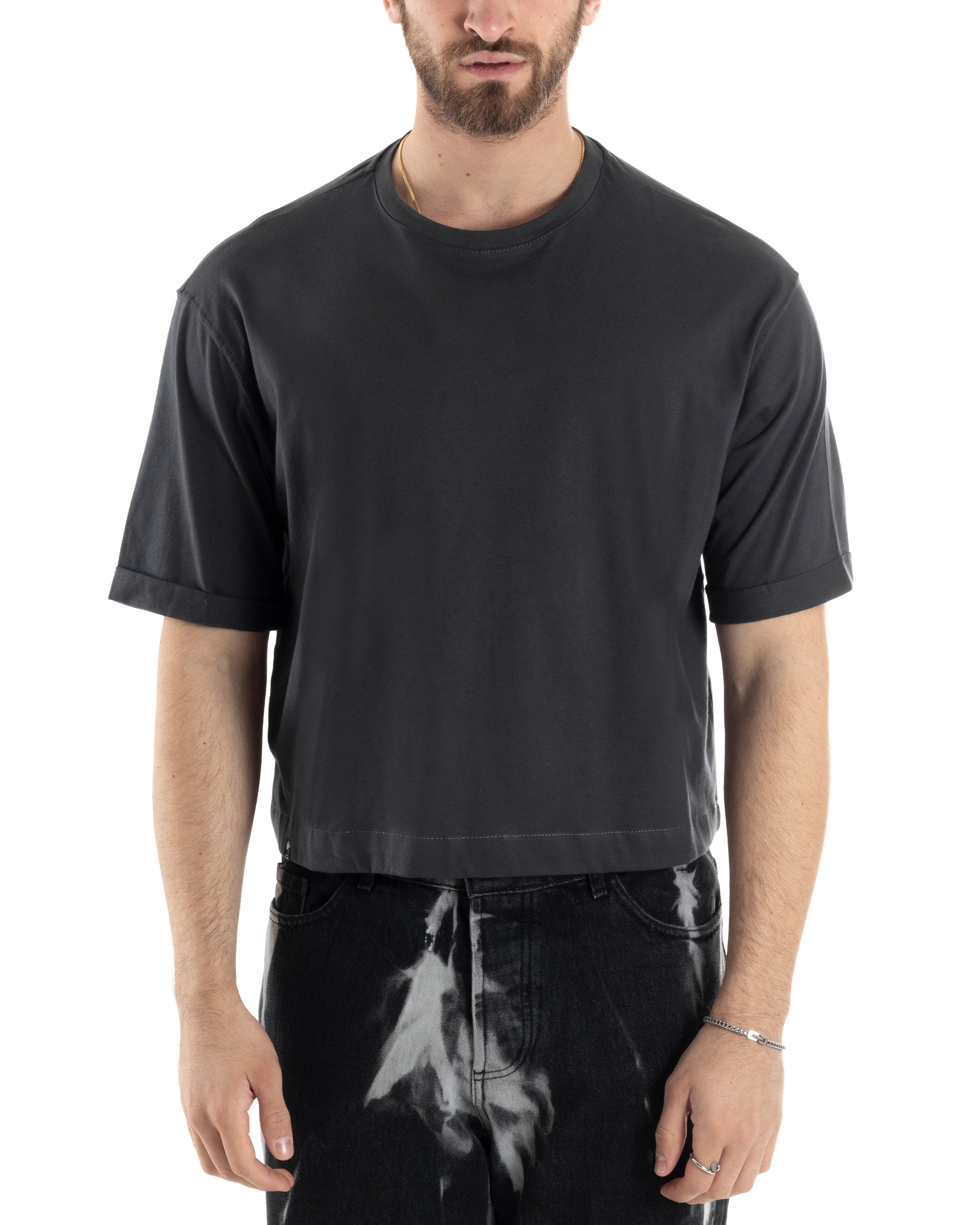 T-shirt Uomo Cropped Corta Boxy Fit Tinta Unita Piombo Casual GIOSAL-TS3005A