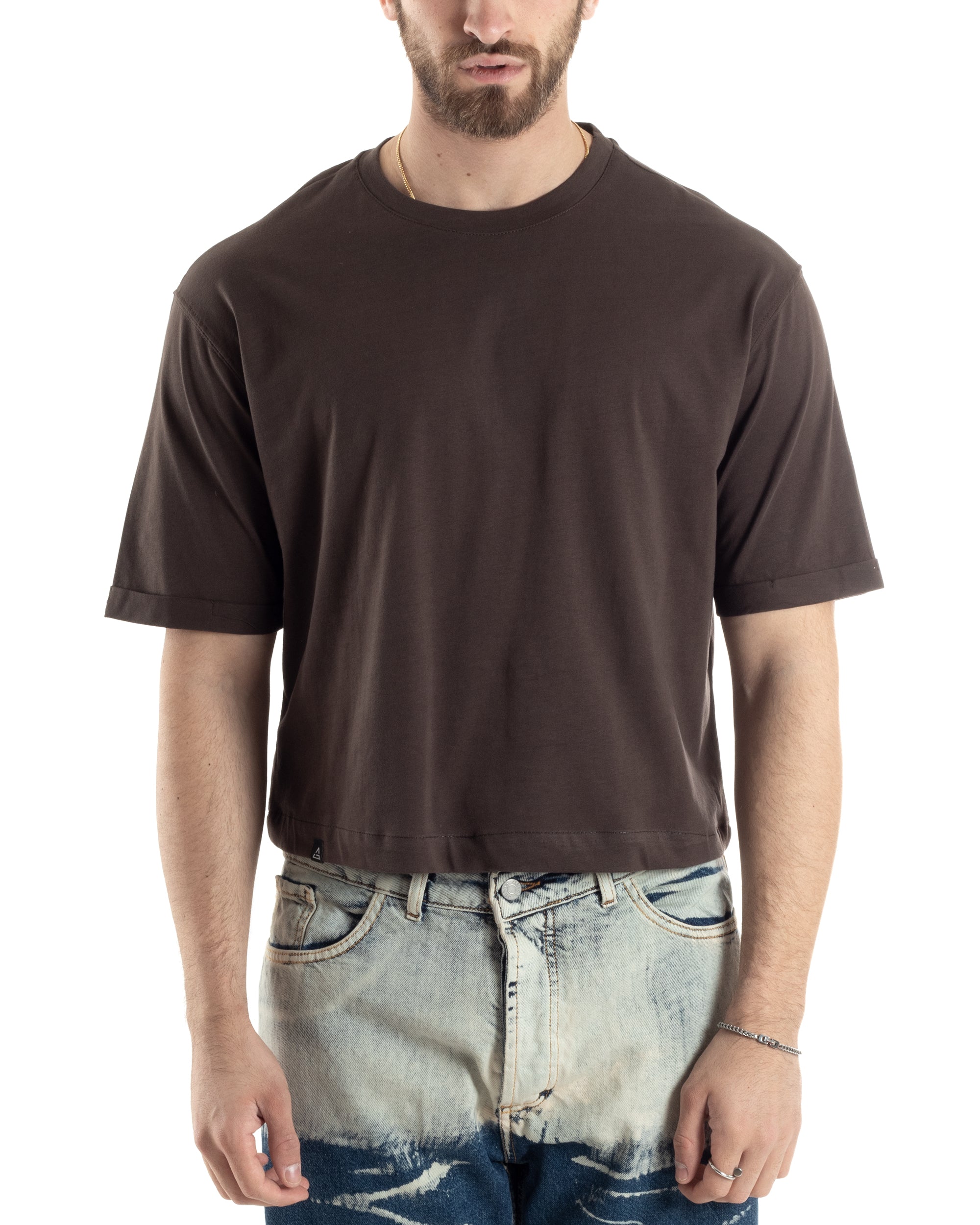T-shirt Uomo Cropped Corta Boxy Fit Tinta Unita Marrone Casual GIOSAL-TS3008A