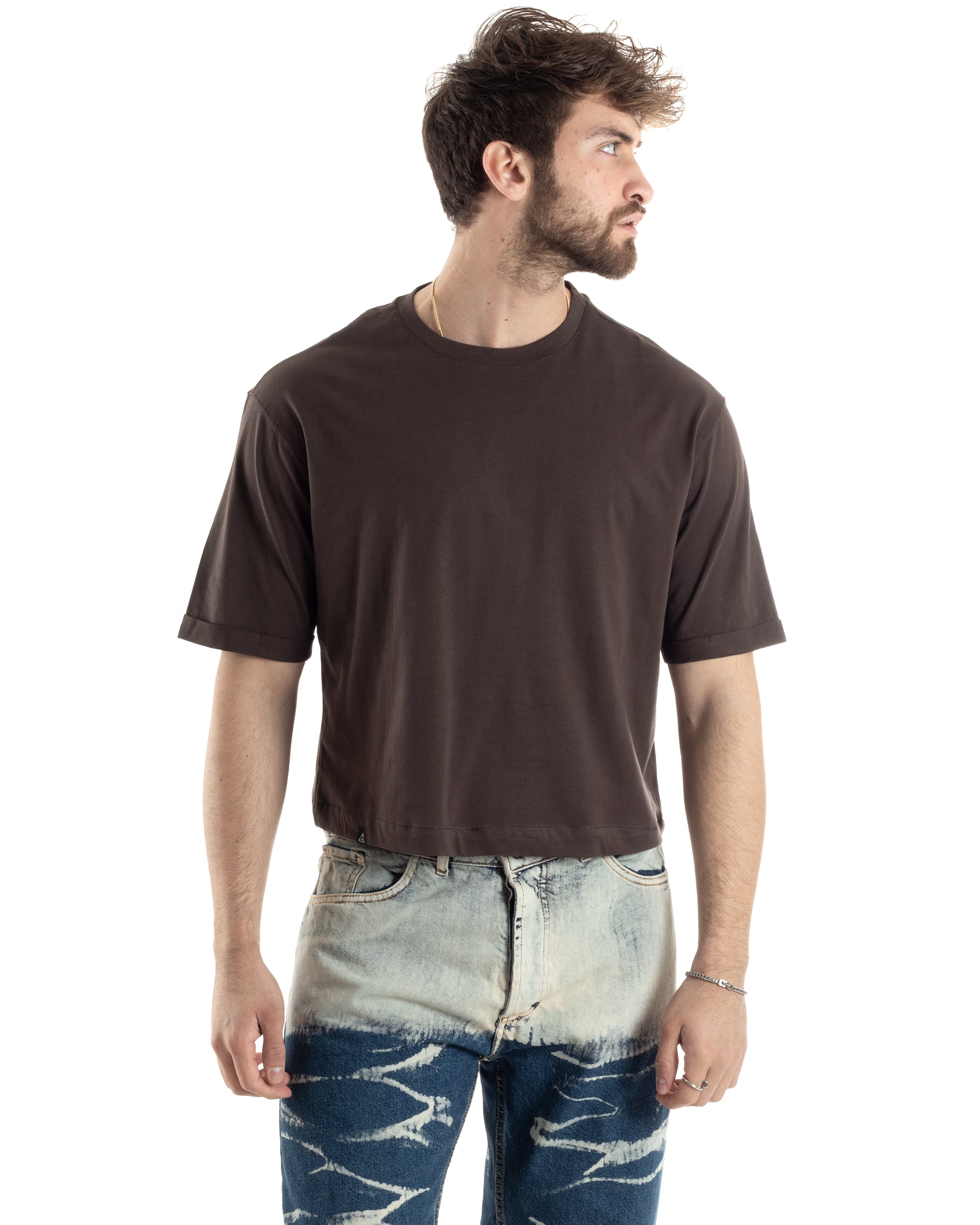 T-shirt Uomo Cropped Corta Boxy Fit Tinta Unita Marrone Casual GIOSAL-TS3008A