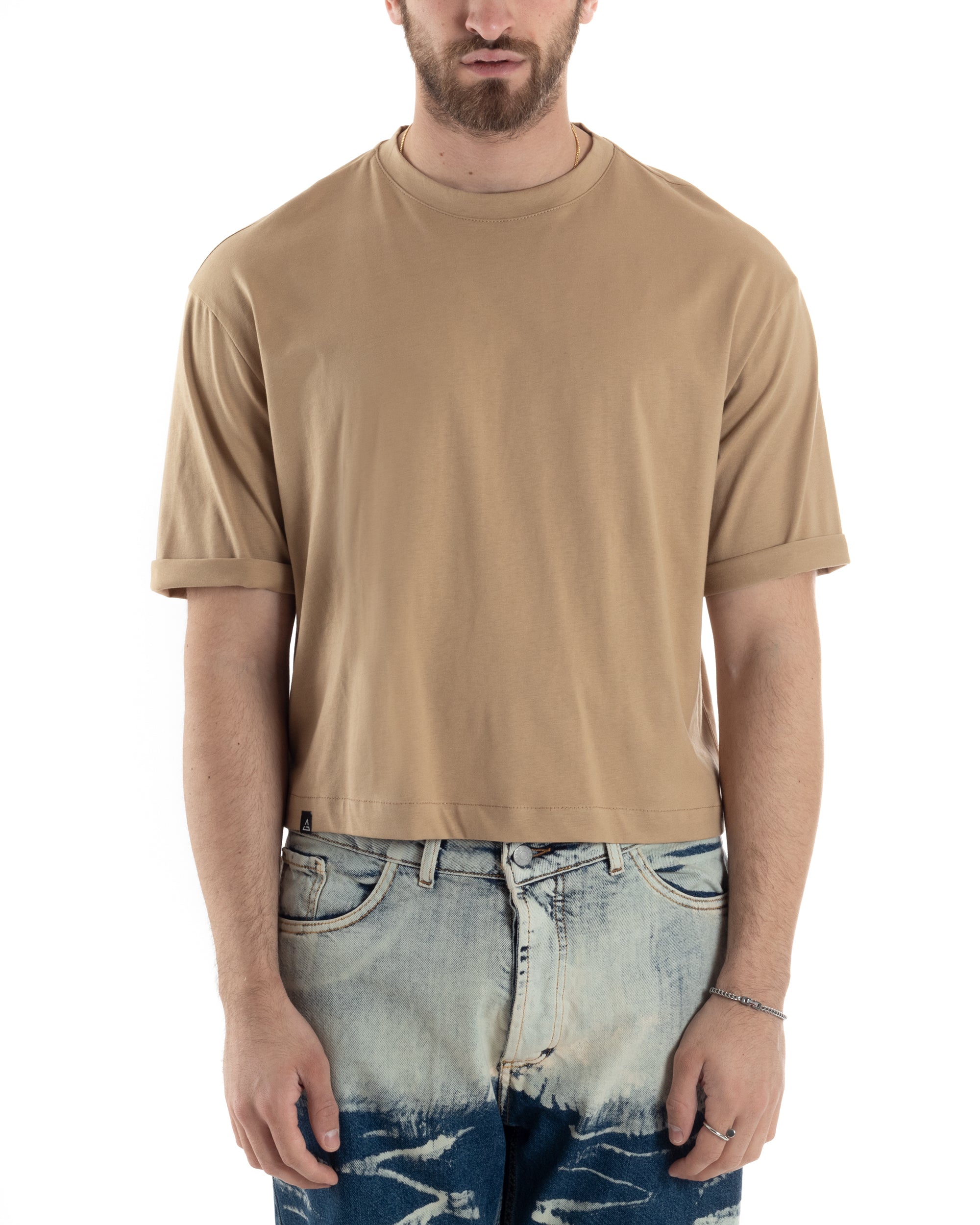 T-shirt Uomo Cropped Corta Boxy Fit Tinta Unita Camel Casual GIOSAL-TS3009A