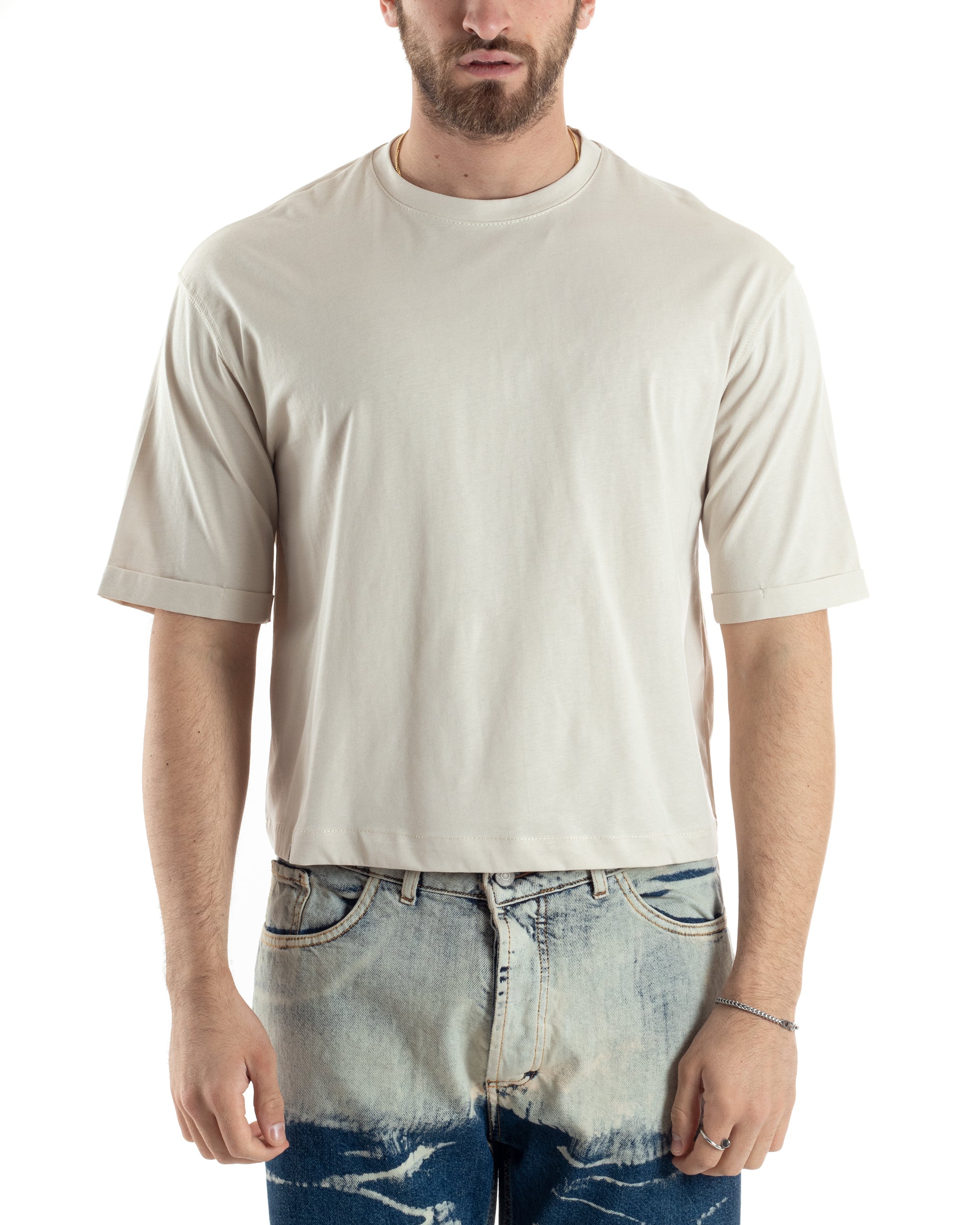 T-shirt Uomo Cropped Corta Boxy Fit Tinta Unita Beige Casual GIOSAL-TS3011A