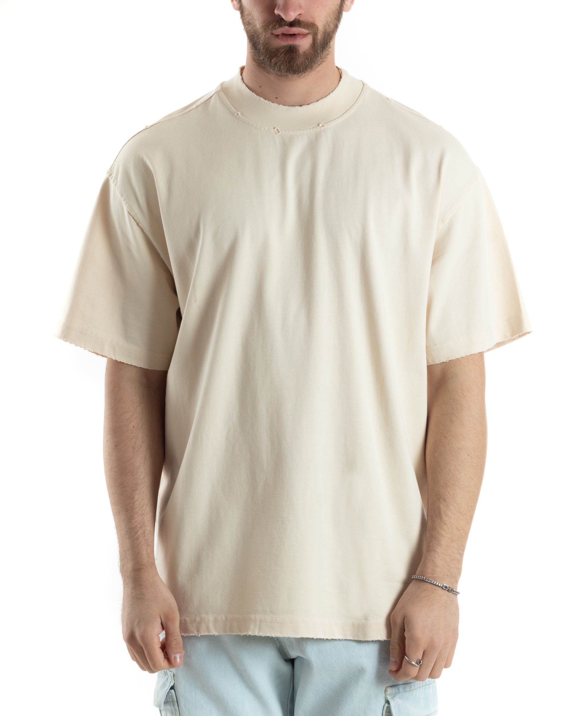 T-shirt Uomo Girocollo Boxy Fit Cotone Basic Con Rotture Relaxed Fit Gola Alta Beige GIOSAL-TS3015A
