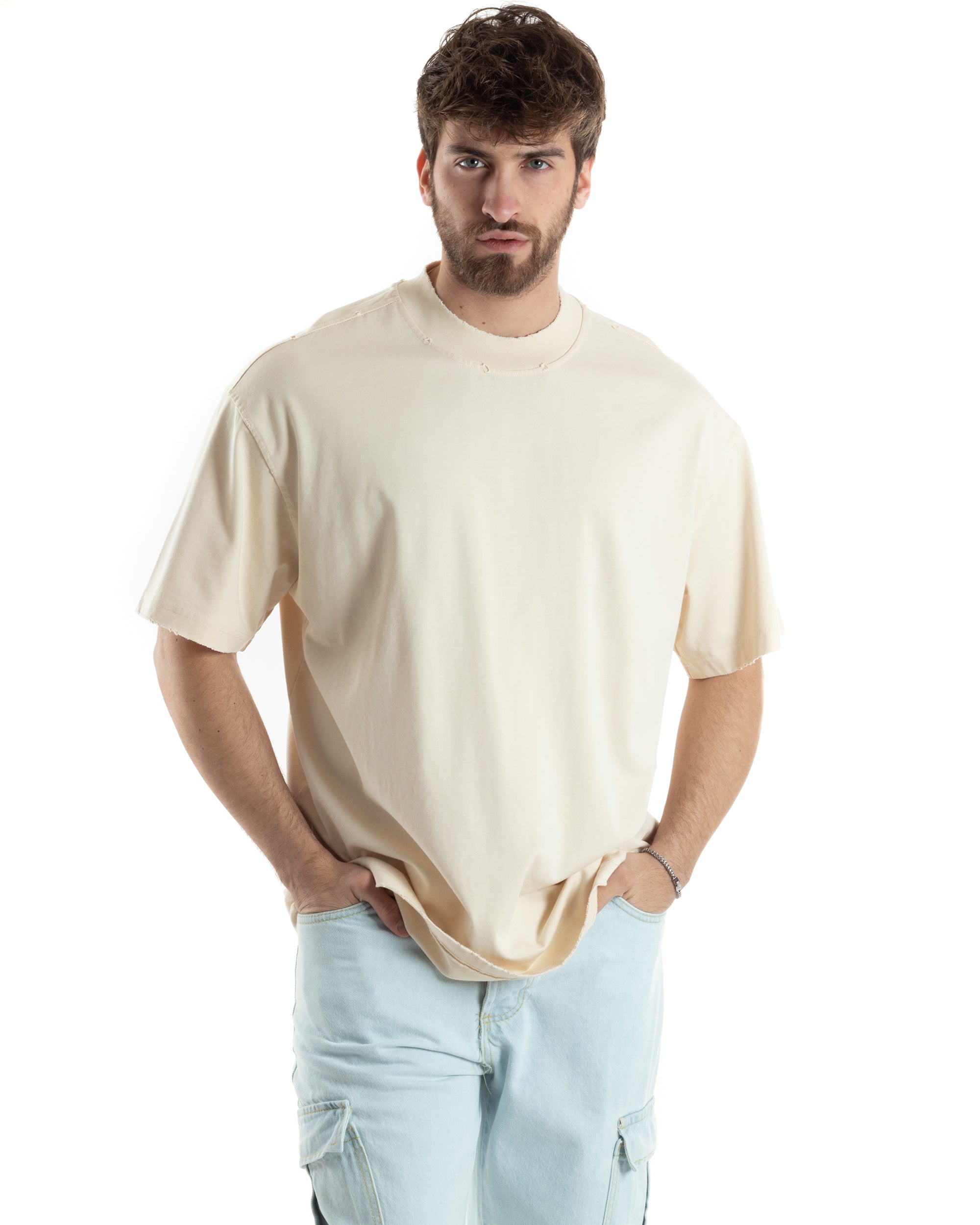 T-shirt Uomo Girocollo Boxy Fit Cotone Basic Con Rotture Relaxed Fit Gola Alta Beige GIOSAL-TS3015A