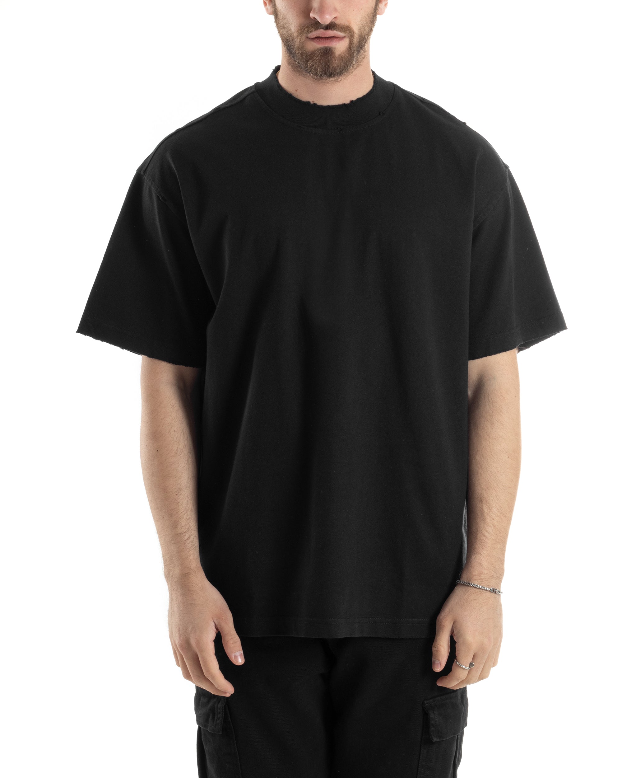 T-shirt Uomo Girocollo Boxy Fit Cotone Basic Con Rotture Relaxed Fit Gola Alta Nero GIOSAL-TS3016A
