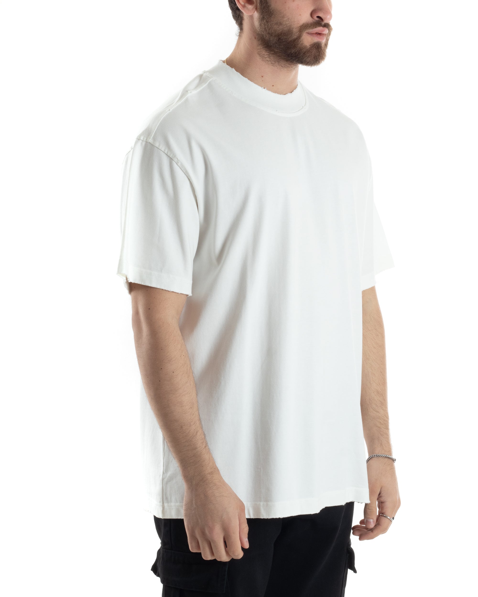 T-shirt Uomo Girocollo Boxy Fit Cotone Basic Con Rotture Relaxed Fit Gola Alta Bianco GIOSAL-TS3017A