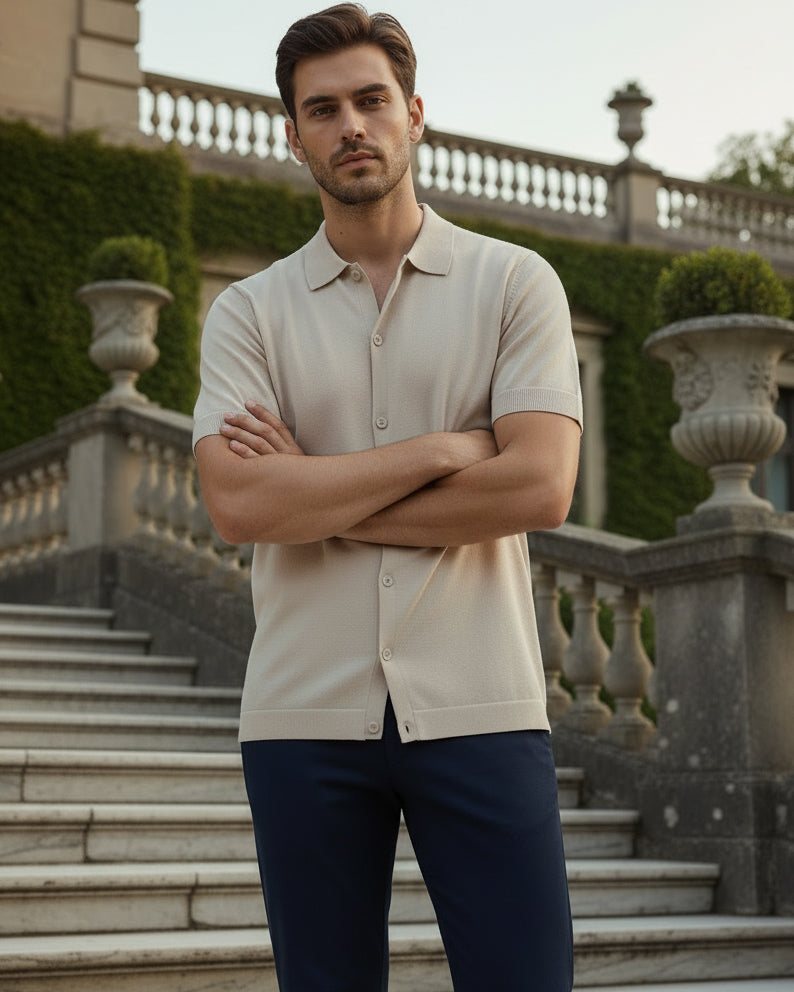 Polo Uomo In Filo Cardigan Bottoni T-Shirt Con Colletto Sottogiacca Beige TS3019A