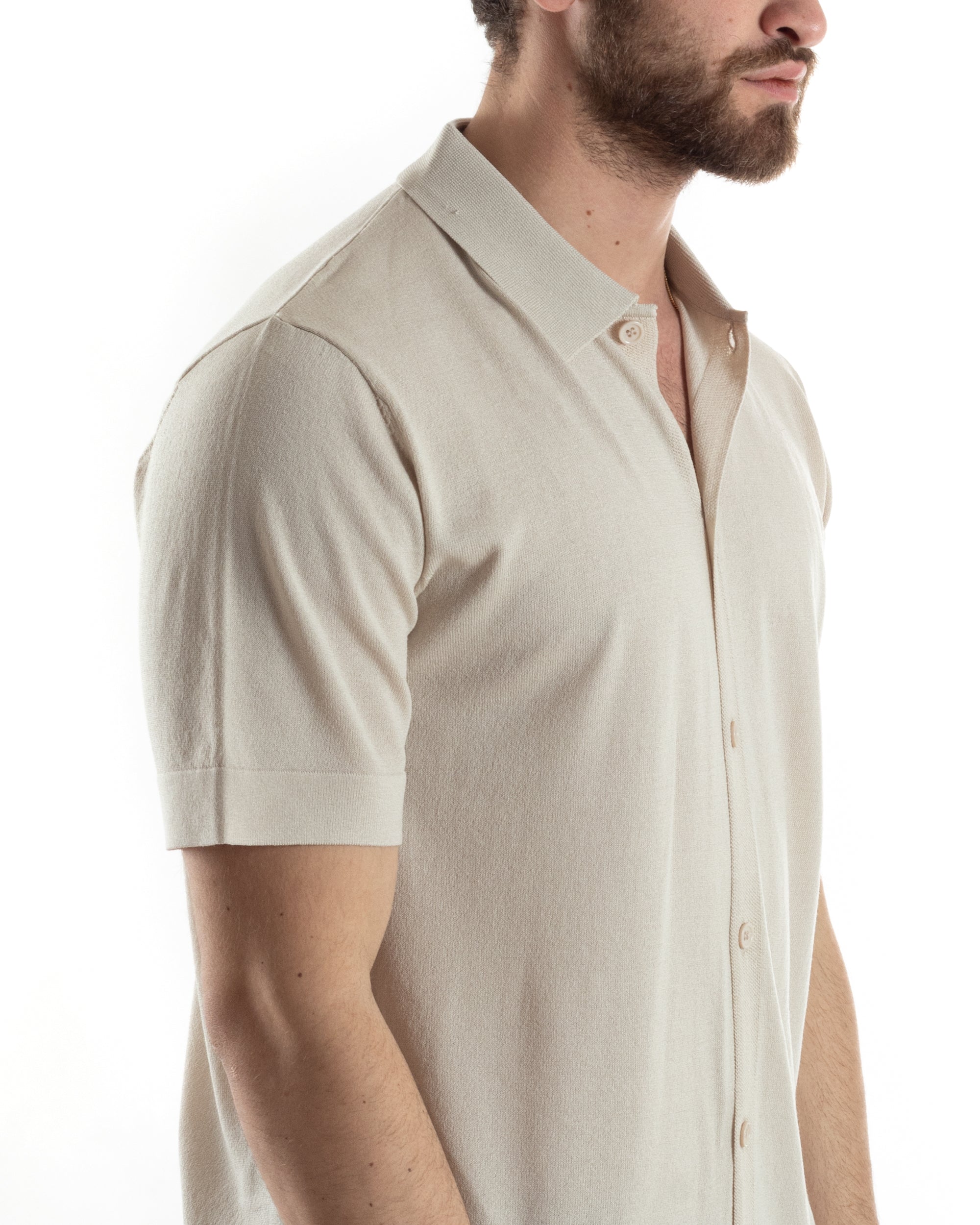 Polo Filo Uomo Cardigan Bottoni T-Shirt Con Colletto Beige Casual GIOSAL-TS3019A