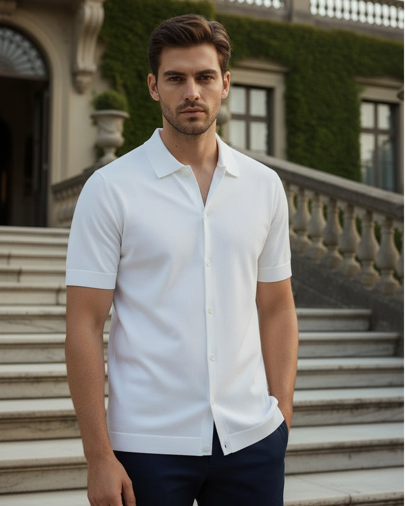 Polo Uomo In Filo Cardigan Bottoni T-Shirt Con Colletto Sottogiacca Bianco TS3021A