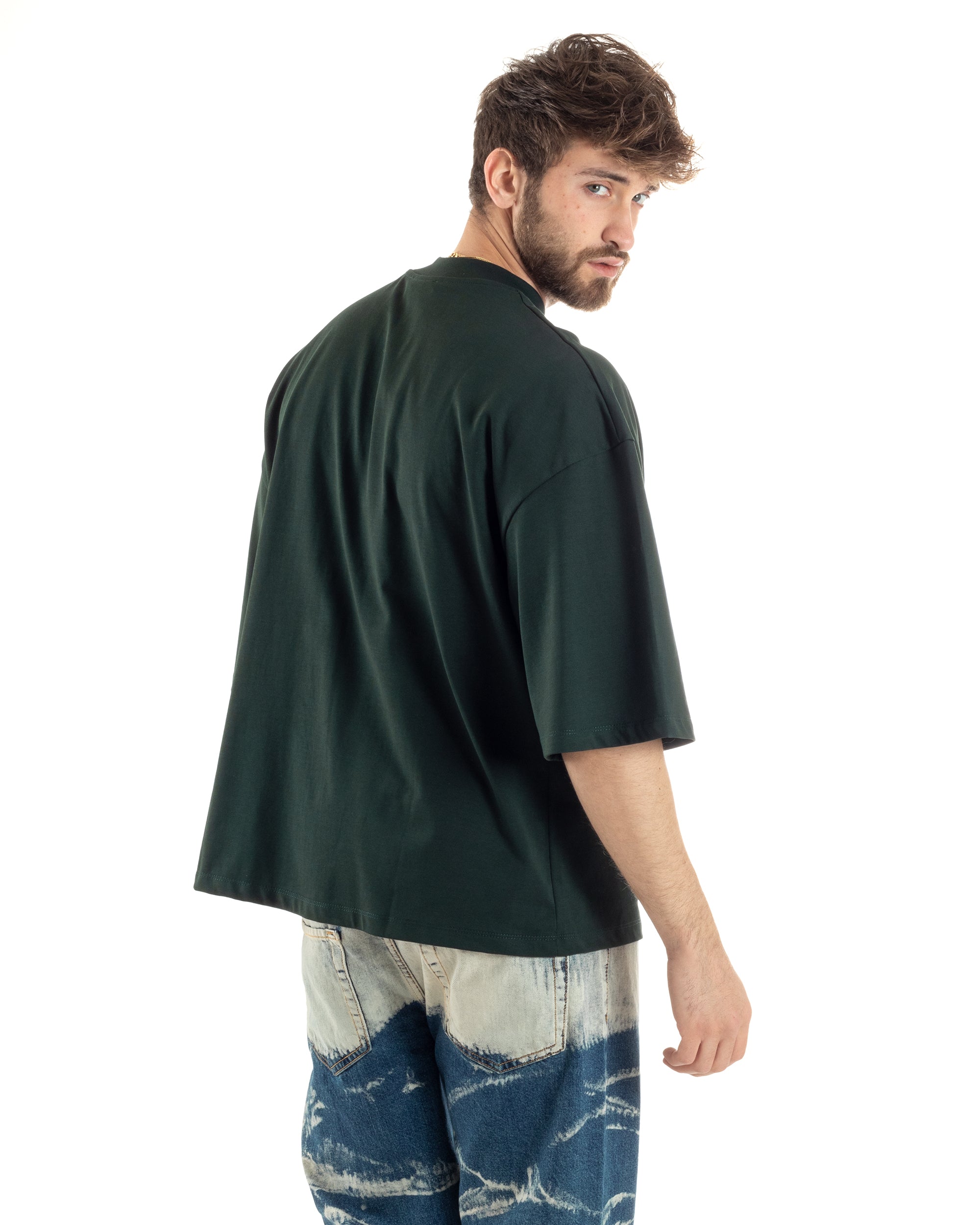 T-shirt Uomo Girocollo Boxy Fit Oversize Cotone Spalla Scesa Gola Alta Casual Basic Verde GIOSAL-TS3026A