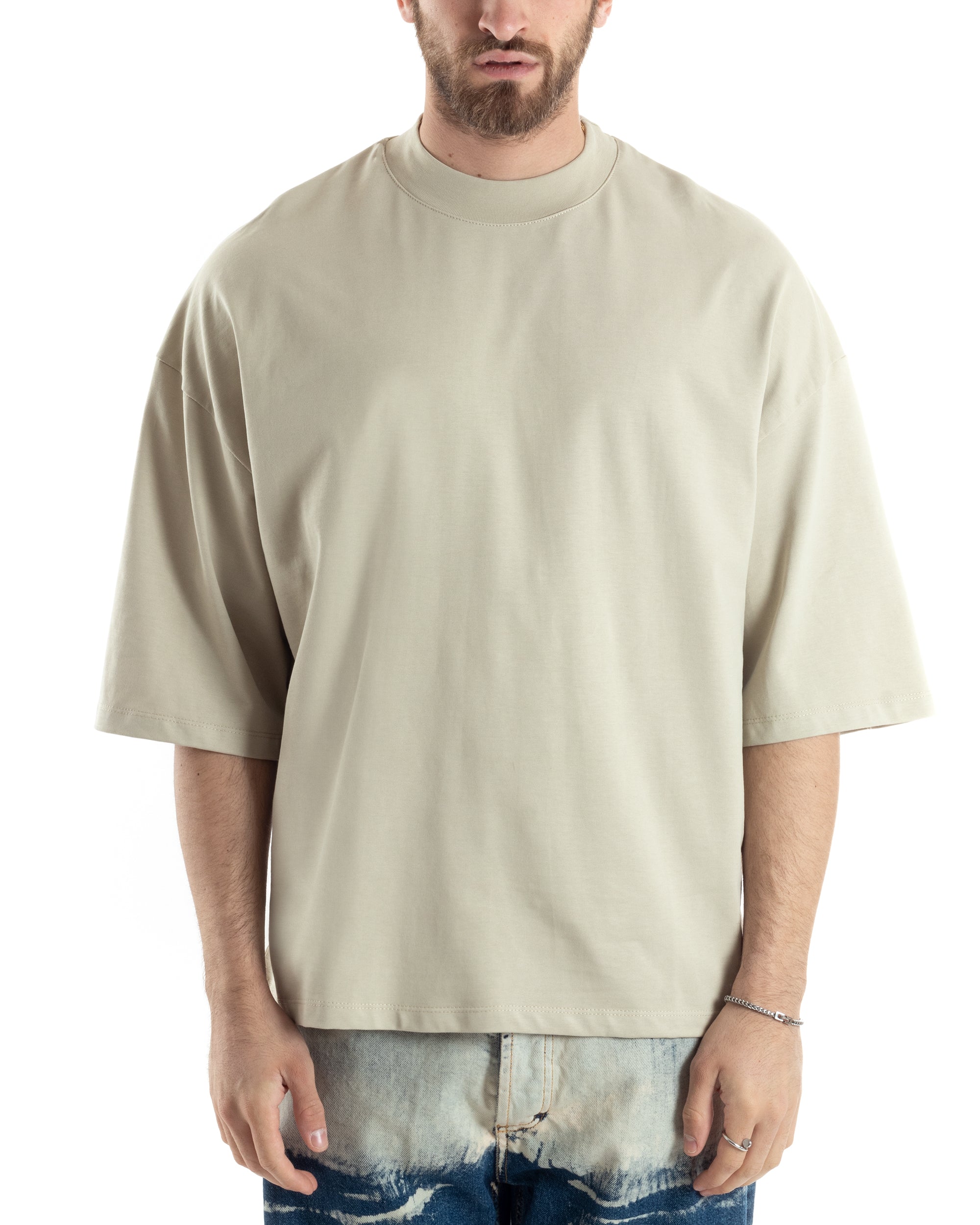 T-shirt Uomo Girocollo Boxy Fit Oversize Cotone Spalla Scesa Gola Alta Casual Basic Beige GIOSAL-TS3022A