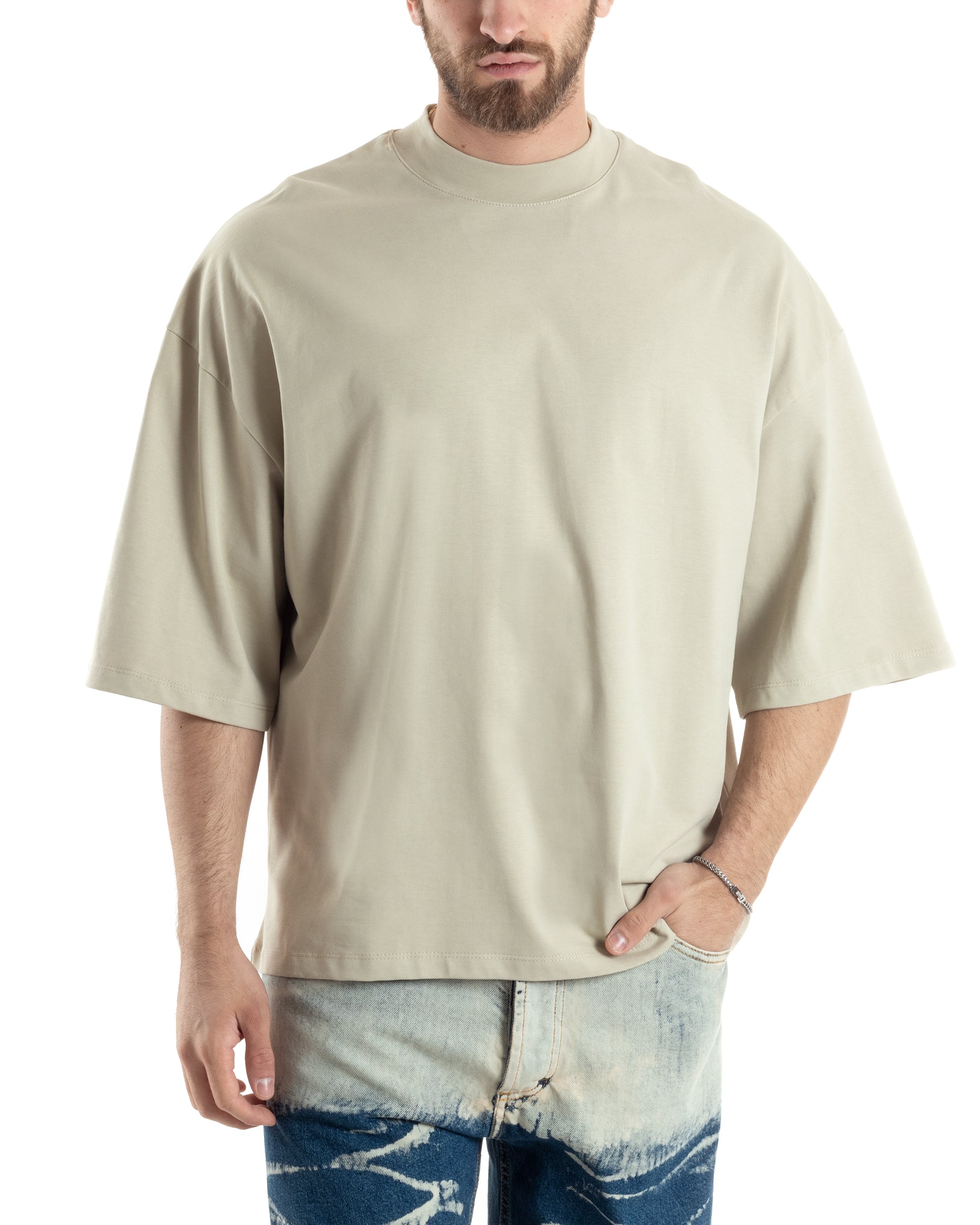 T-shirt Uomo Girocollo Boxy Fit Oversize Cotone Spalla Scesa Gola Alta Casual Basic Beige GIOSAL-TS3022A