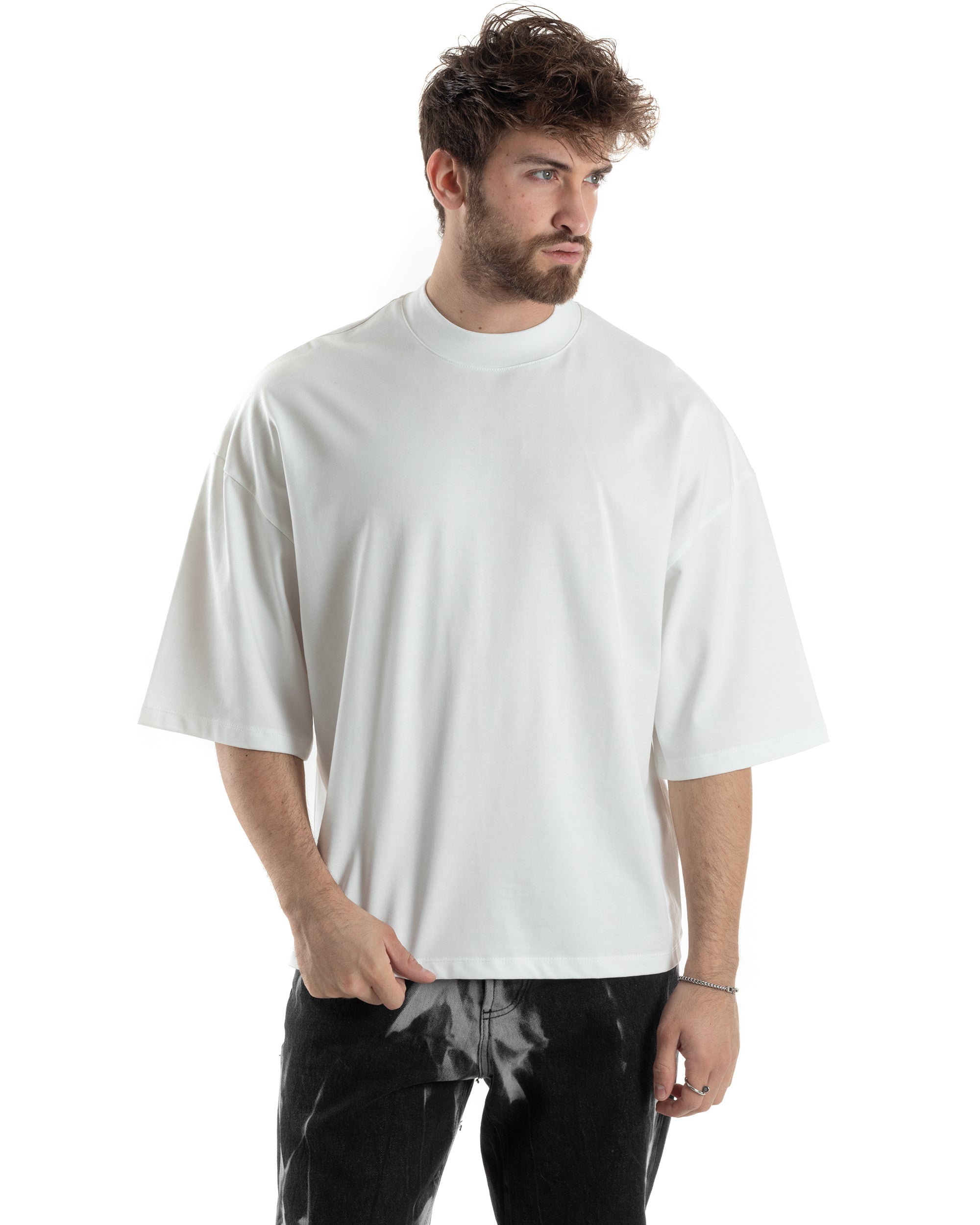 T-shirt Uomo Girocollo Boxy Fit Oversize Cotone Spalla Scesa Gola Alta Casual Basic Bianco GIOSAL-TS3024A