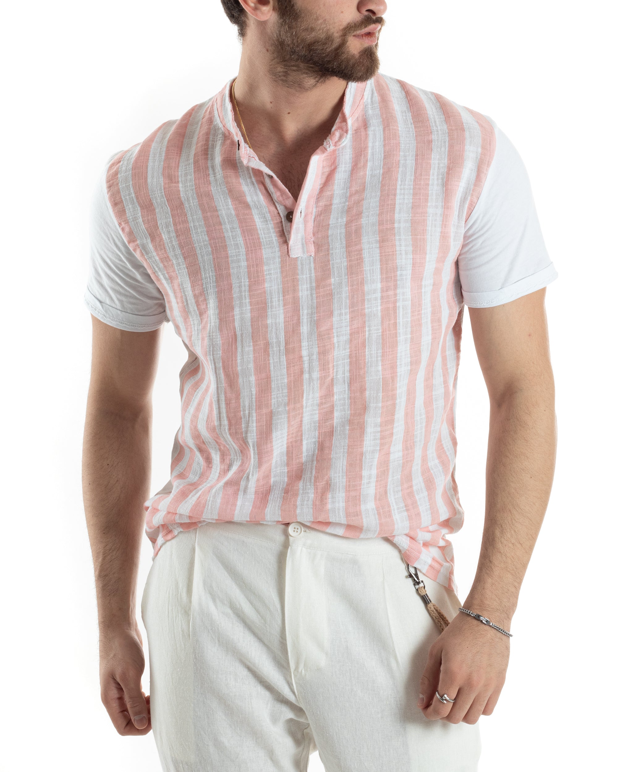 Men's T-shirt Striped Short Sleeves Mandarin Collar Pink Casual GIOSAL